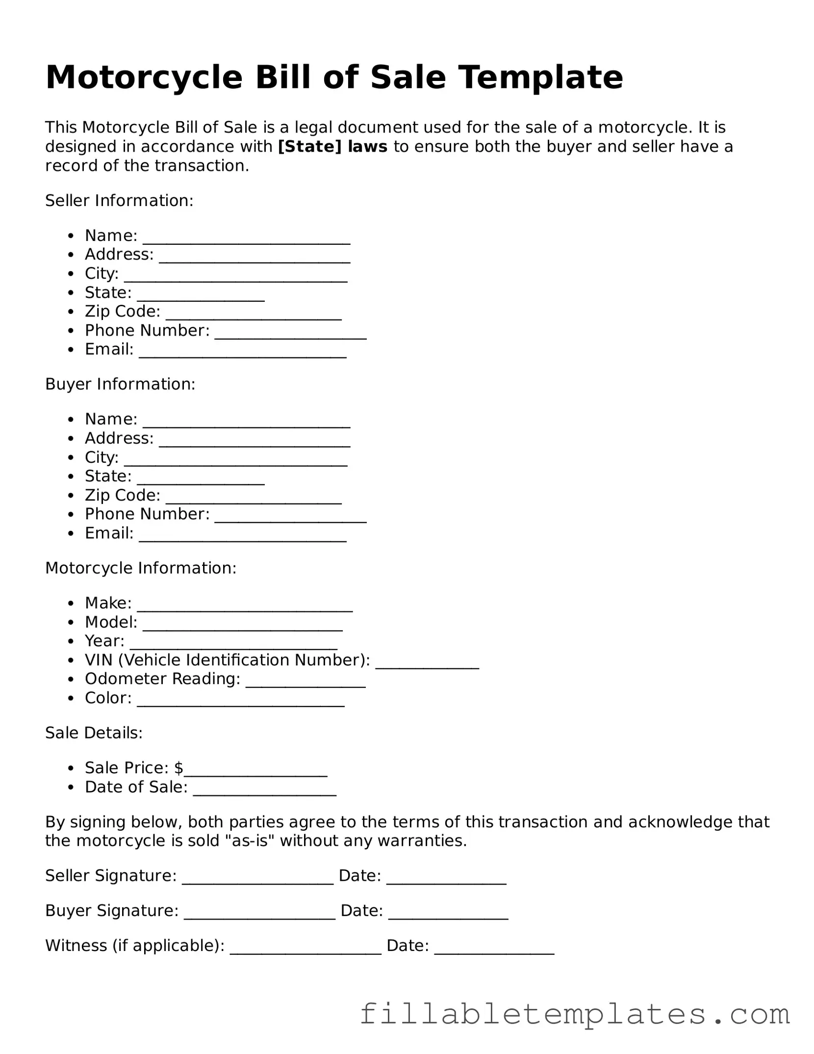 Printable Motorcycle Bill of Sale Form