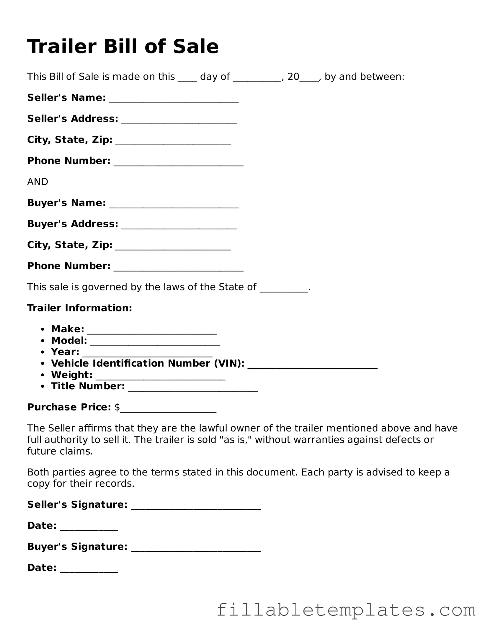 Printable Trailer Bill of Sale Form