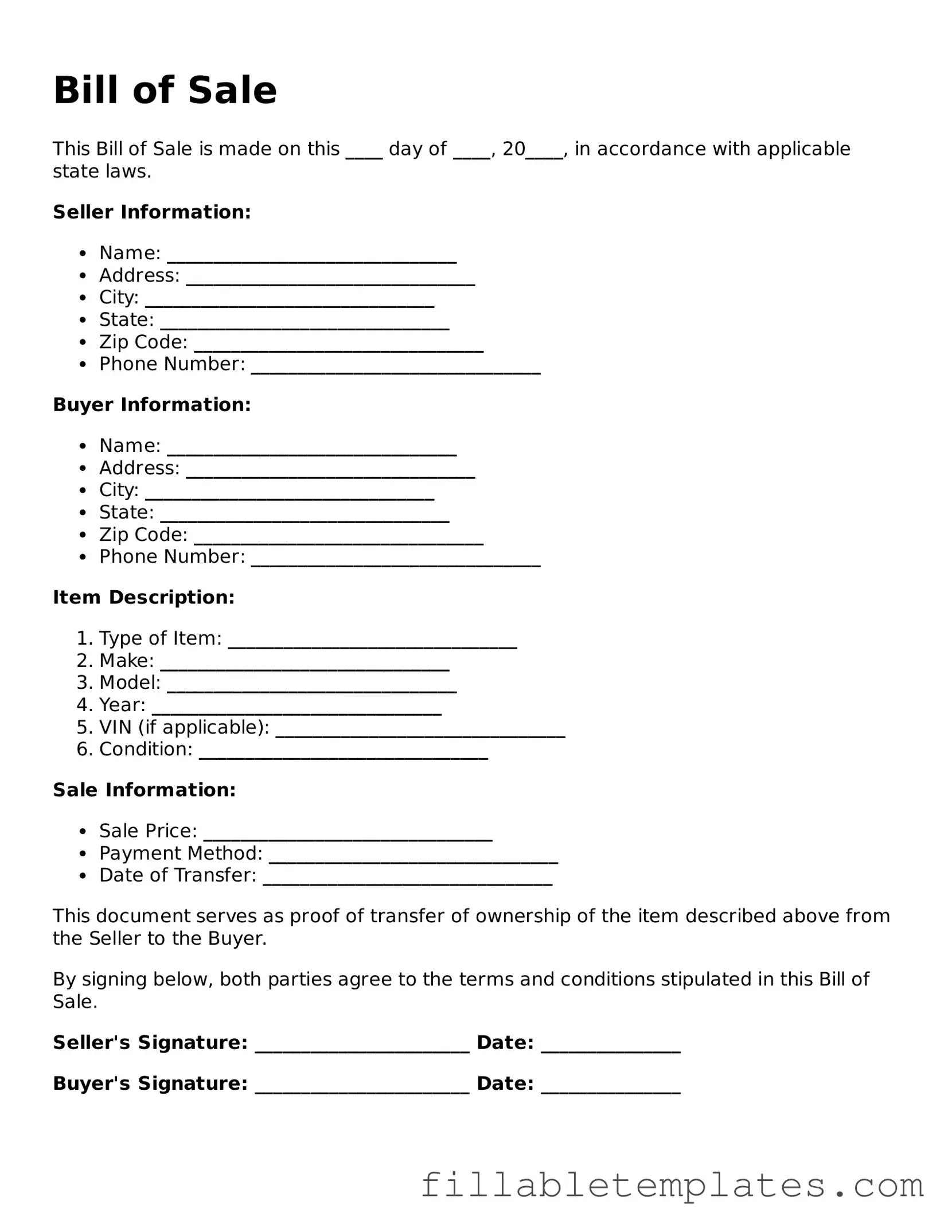 Printable Bill of Sale Form