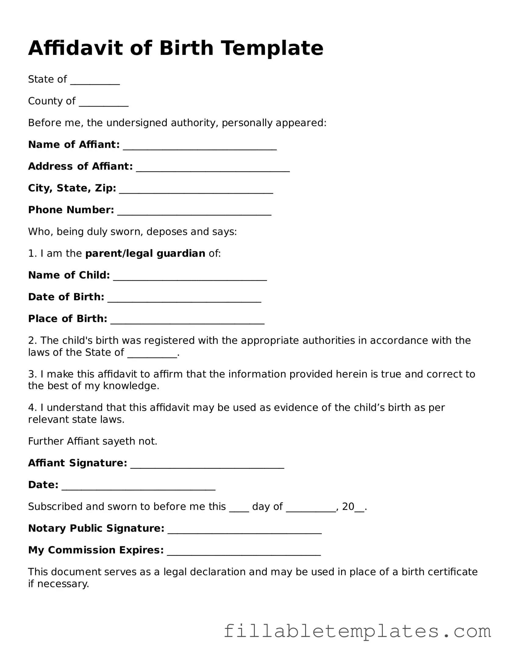 Printable Affidavit of Birth Form