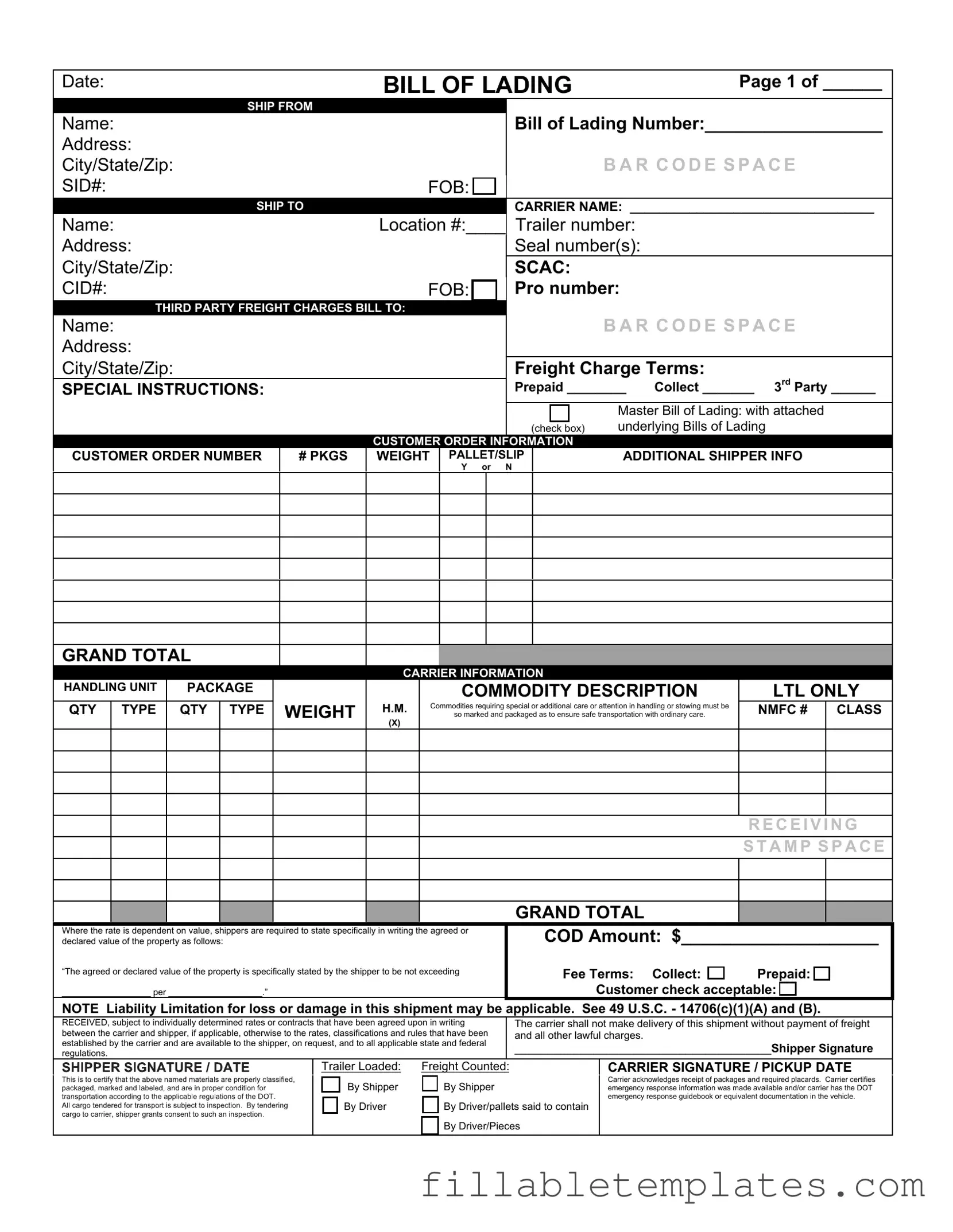 Official Bill of Lading with a Supplement Template in PDF