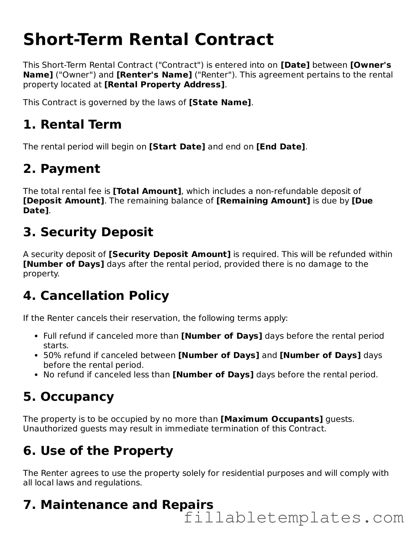 Printable Short-Term Rental Contract Form