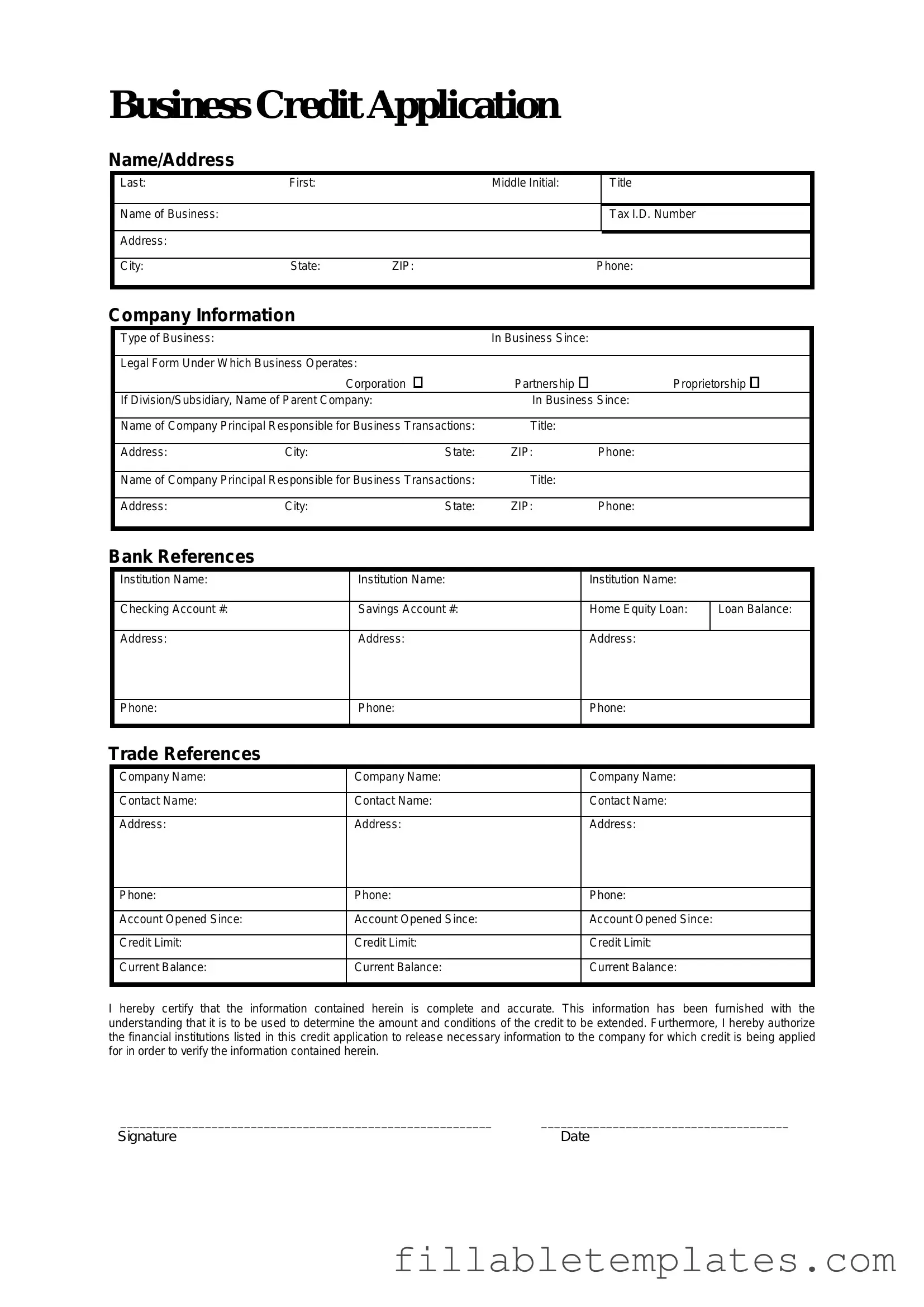 Official Business Credit Application Template in PDF