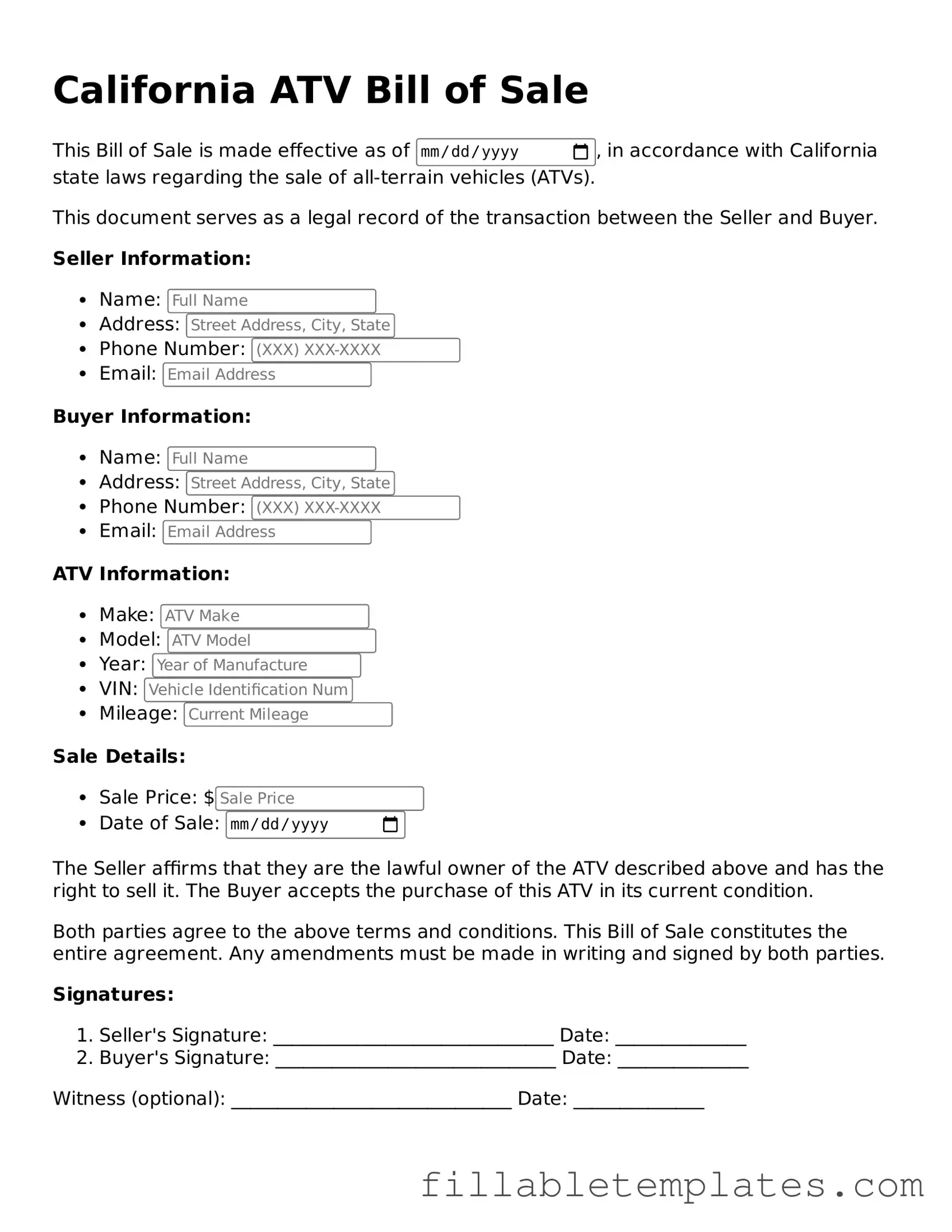Printable ATV Bill of Sale Form for the State of California