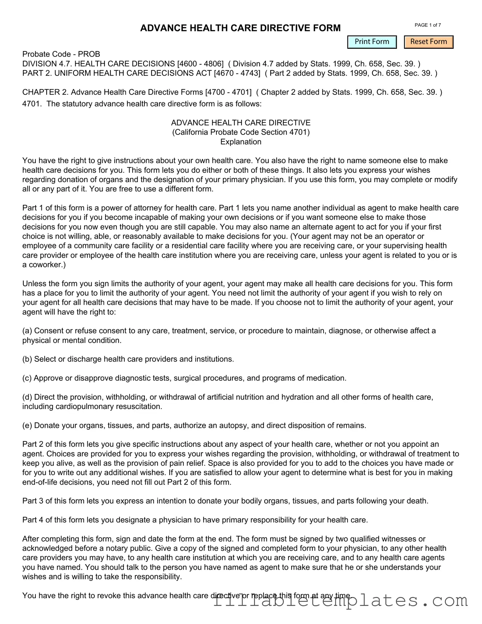 Official California Advanced Health Care Directive Template in PDF
