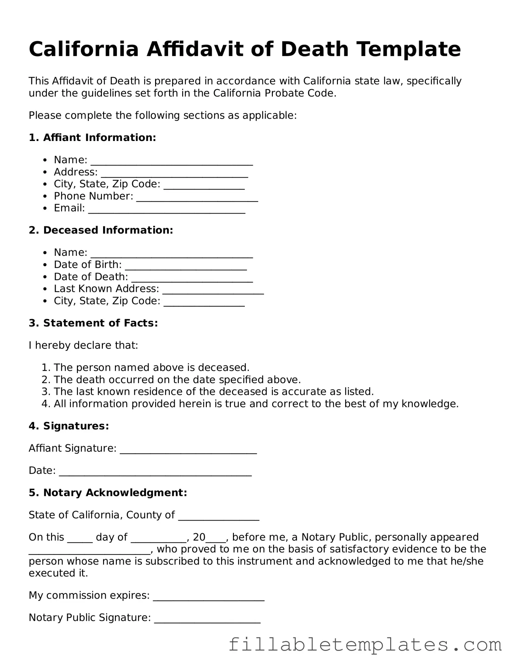 Printable Affidavit of Death Form for the State of California