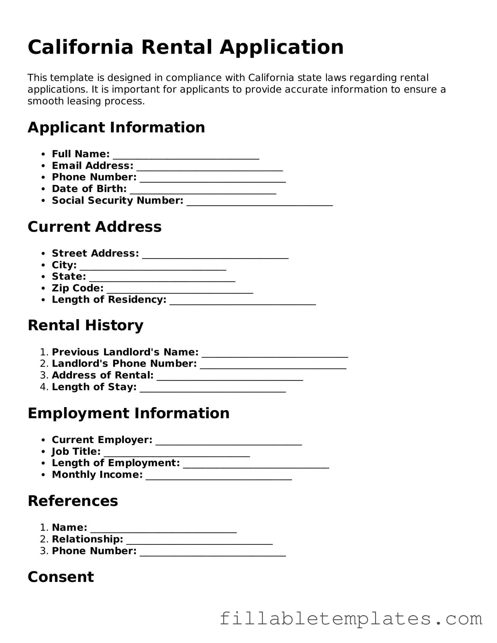 Printable Rental Application Form for the State of California