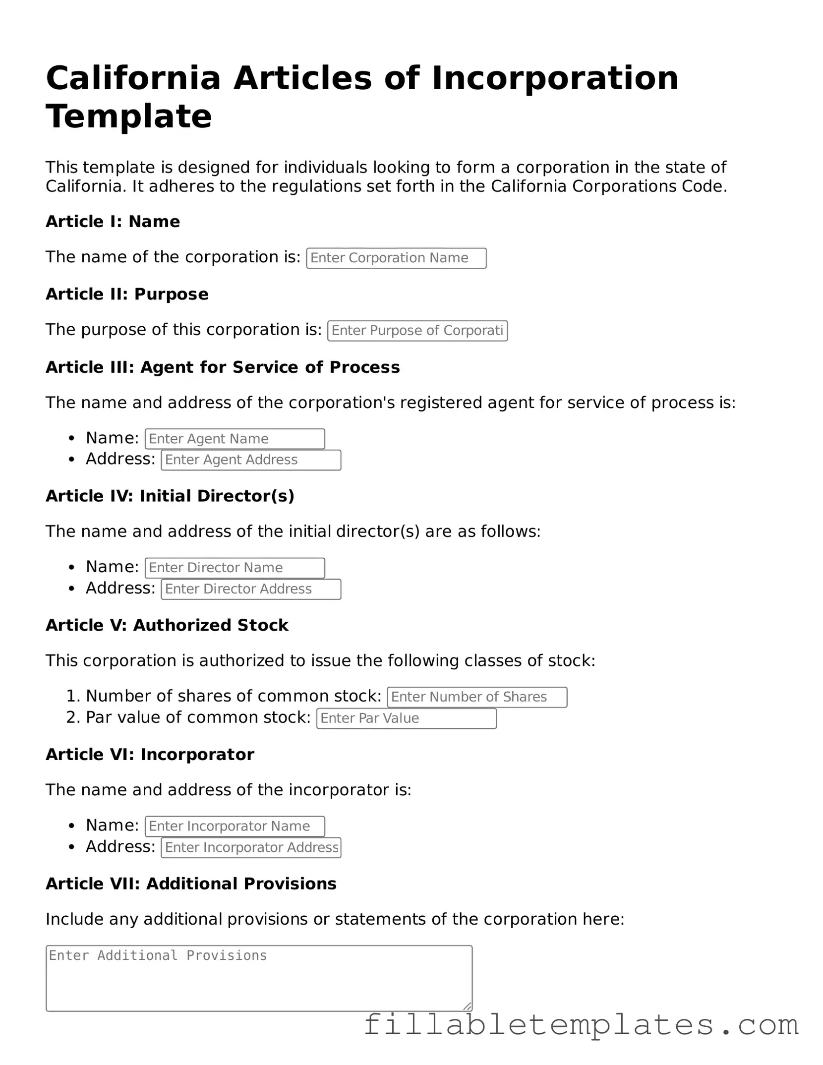 Printable Articles of Incorporation Form for the State of California