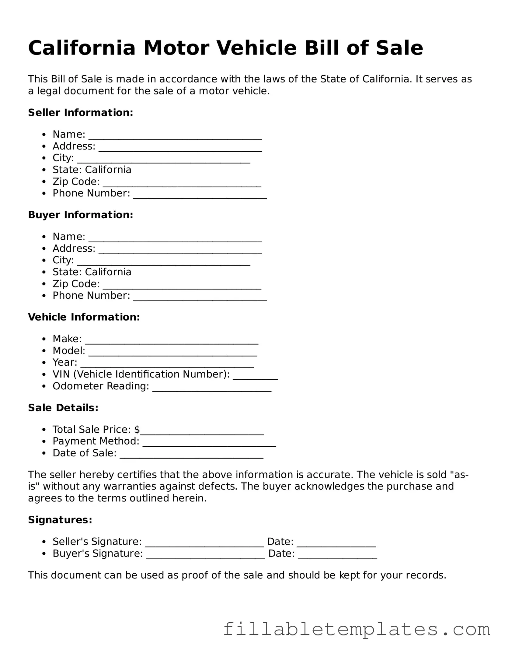 Printable Motor Vehicle Bill of Sale Form for the State of California