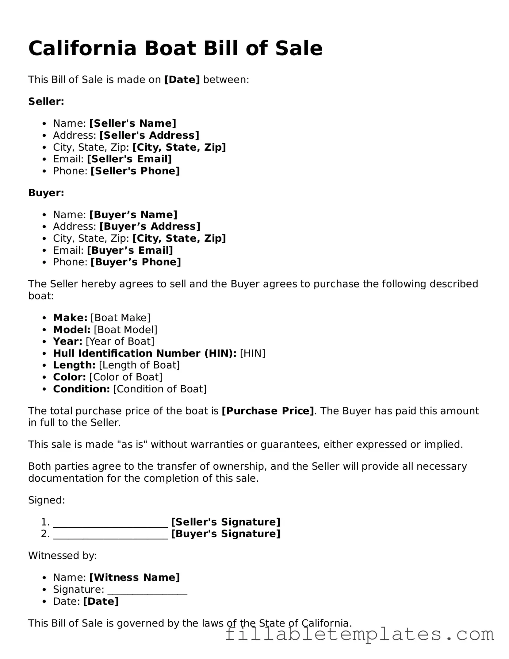 Printable Boat Bill of Sale Form for the State of California