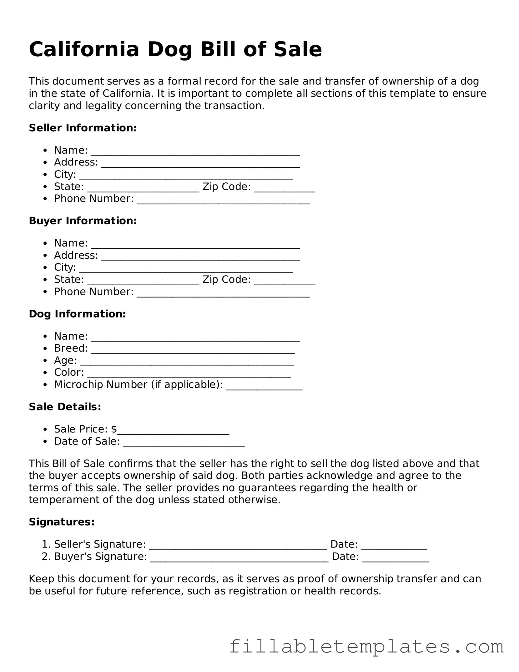 Printable Dog Bill of Sale Form for the State of California