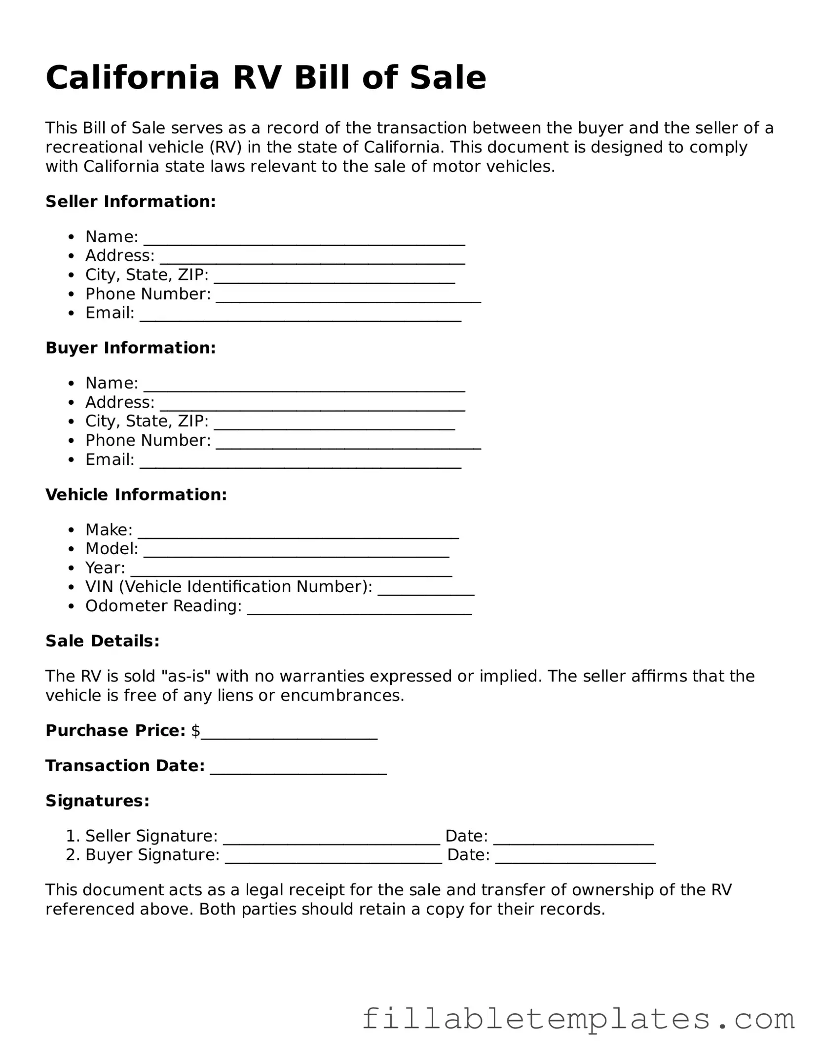 Printable RV Bill of Sale Form for the State of California