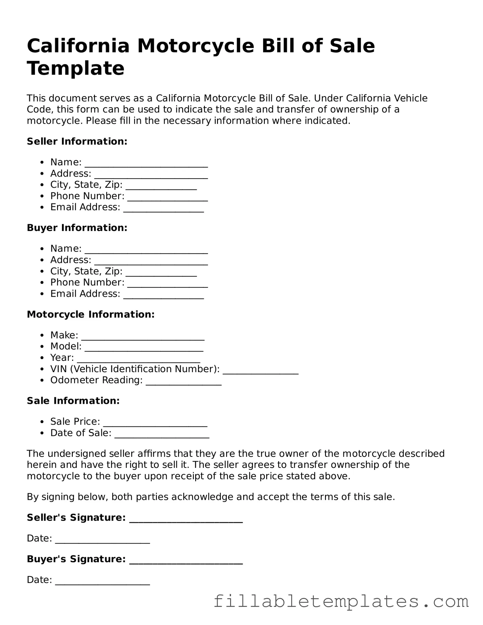 Printable Motorcycle Bill of Sale Form for the State of California