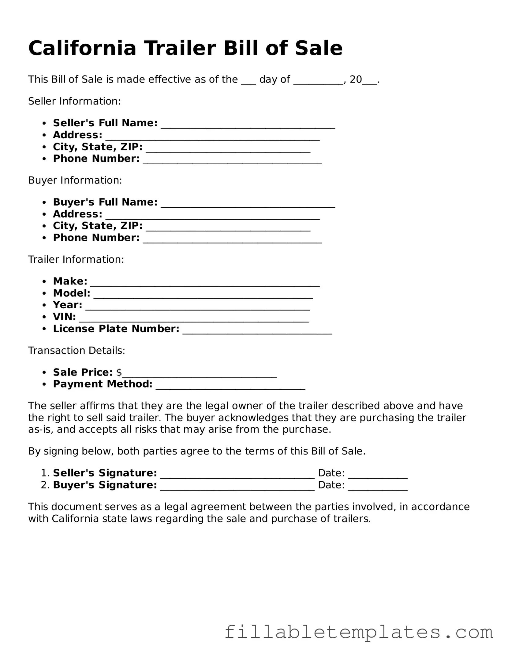 Printable Trailer Bill of Sale Form for the State of California