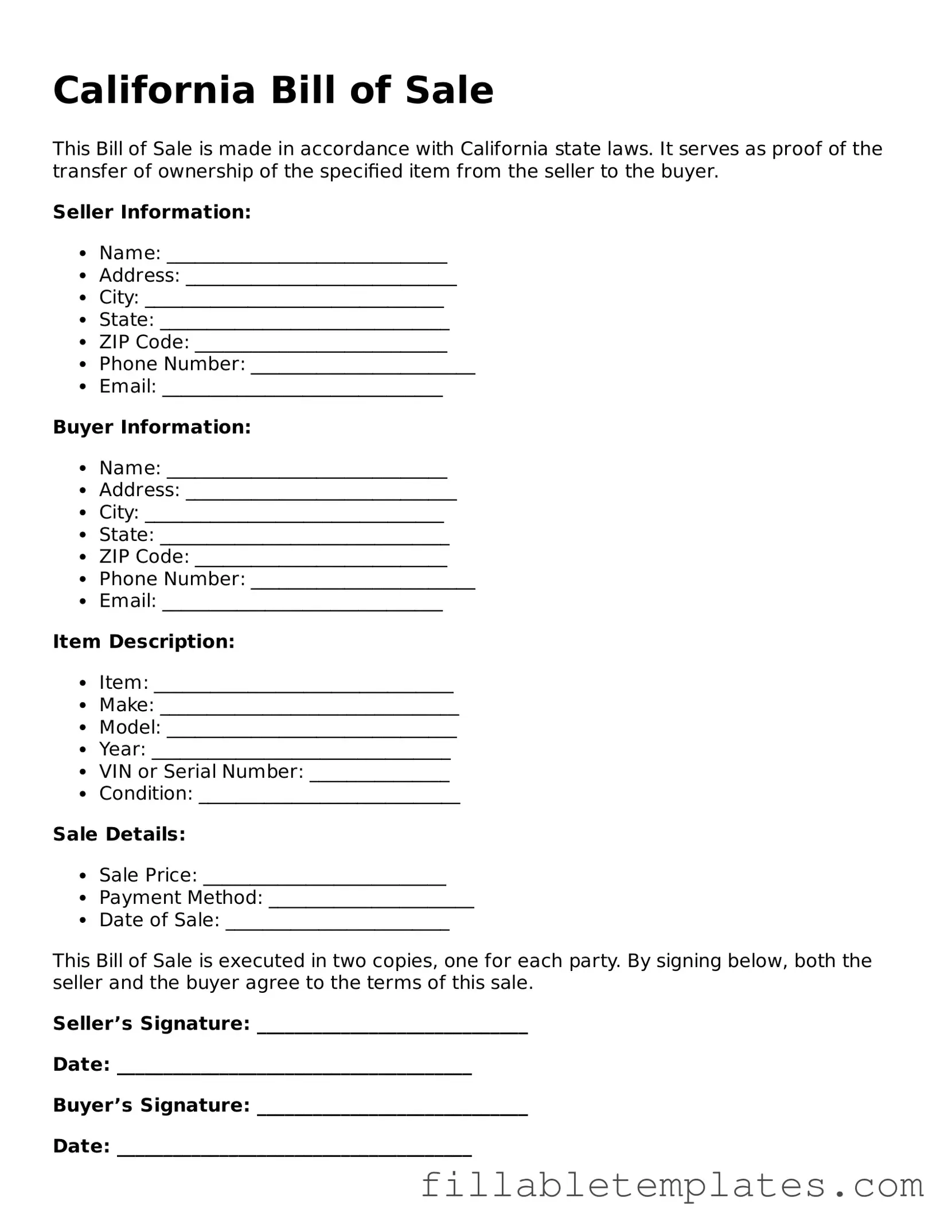 Printable Bill of Sale Form for the State of California