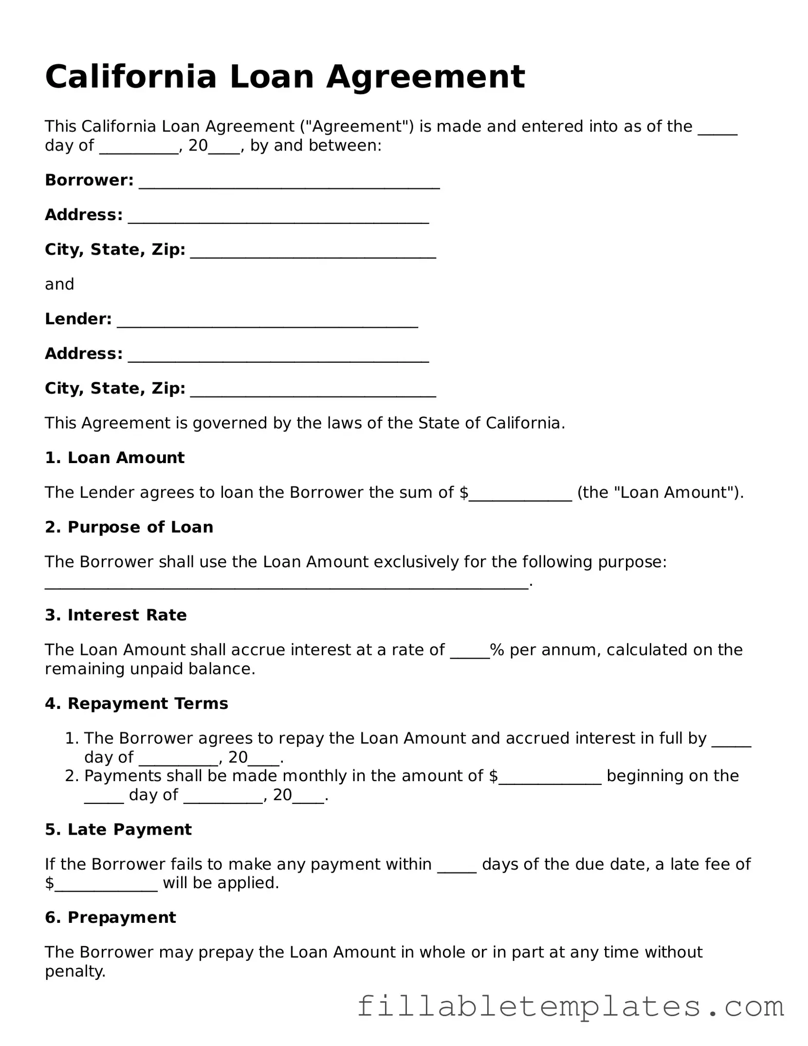 Printable Loan Agreement Form for the State of California