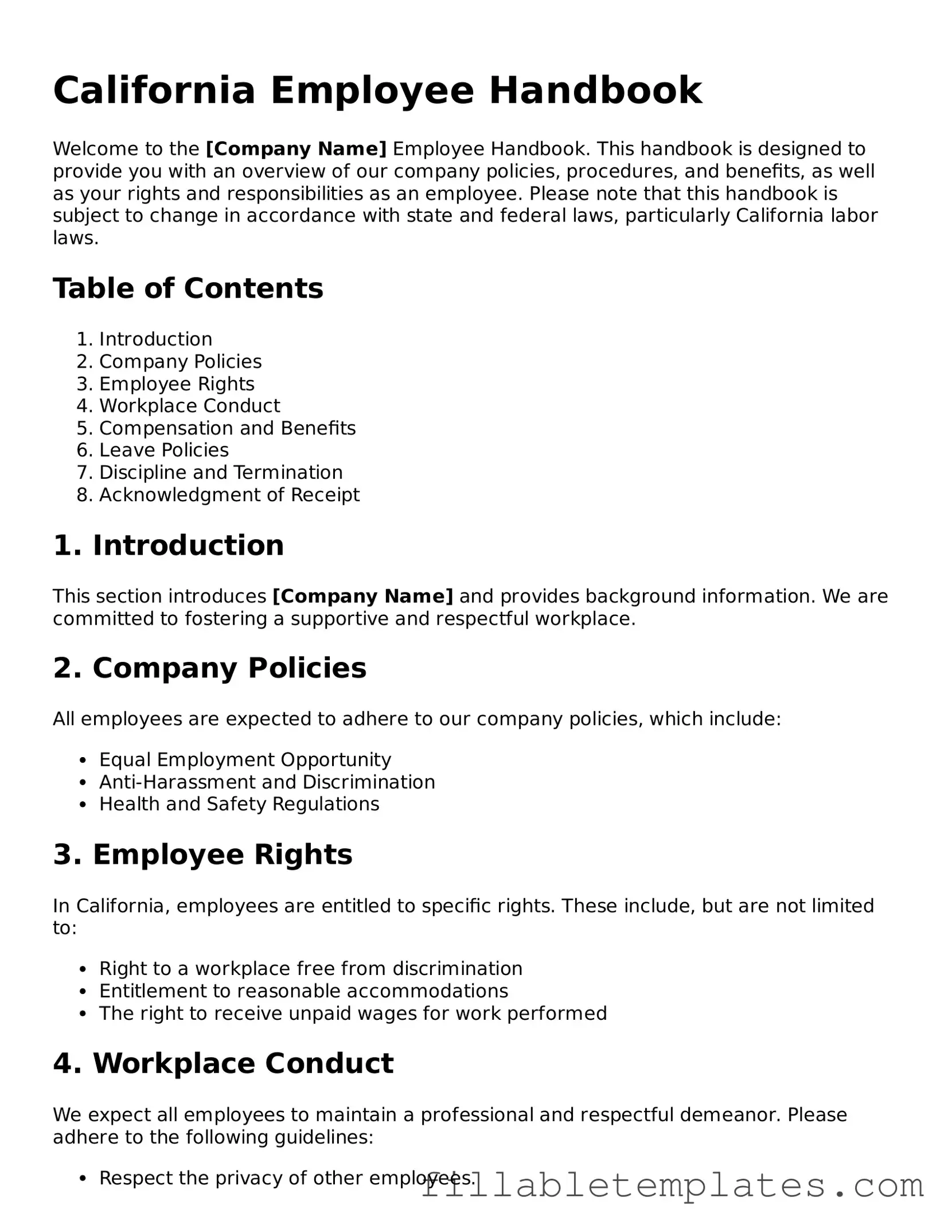 Printable Employee Handbook Form for the State of California