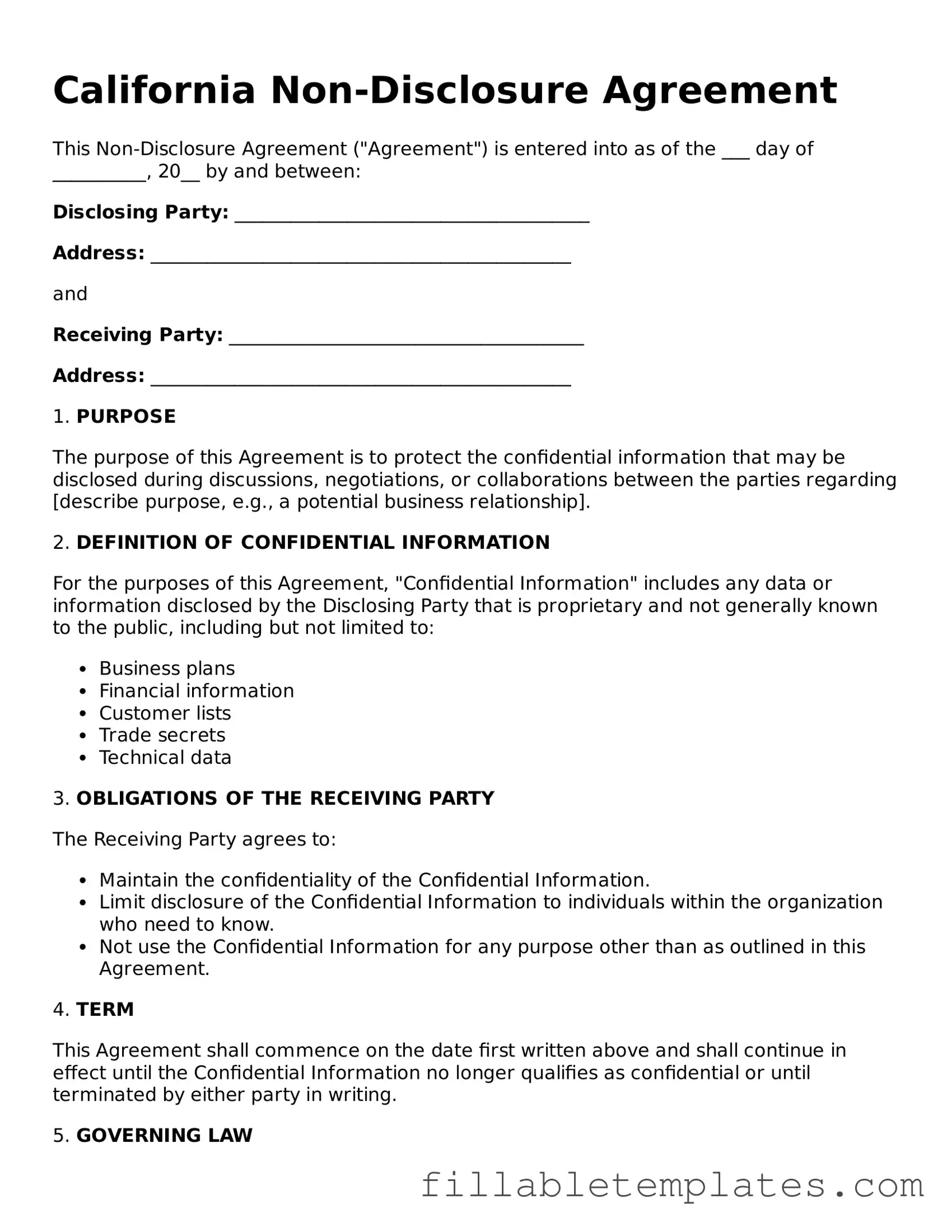 Printable Non-disclosure Agreement Form for the State of California