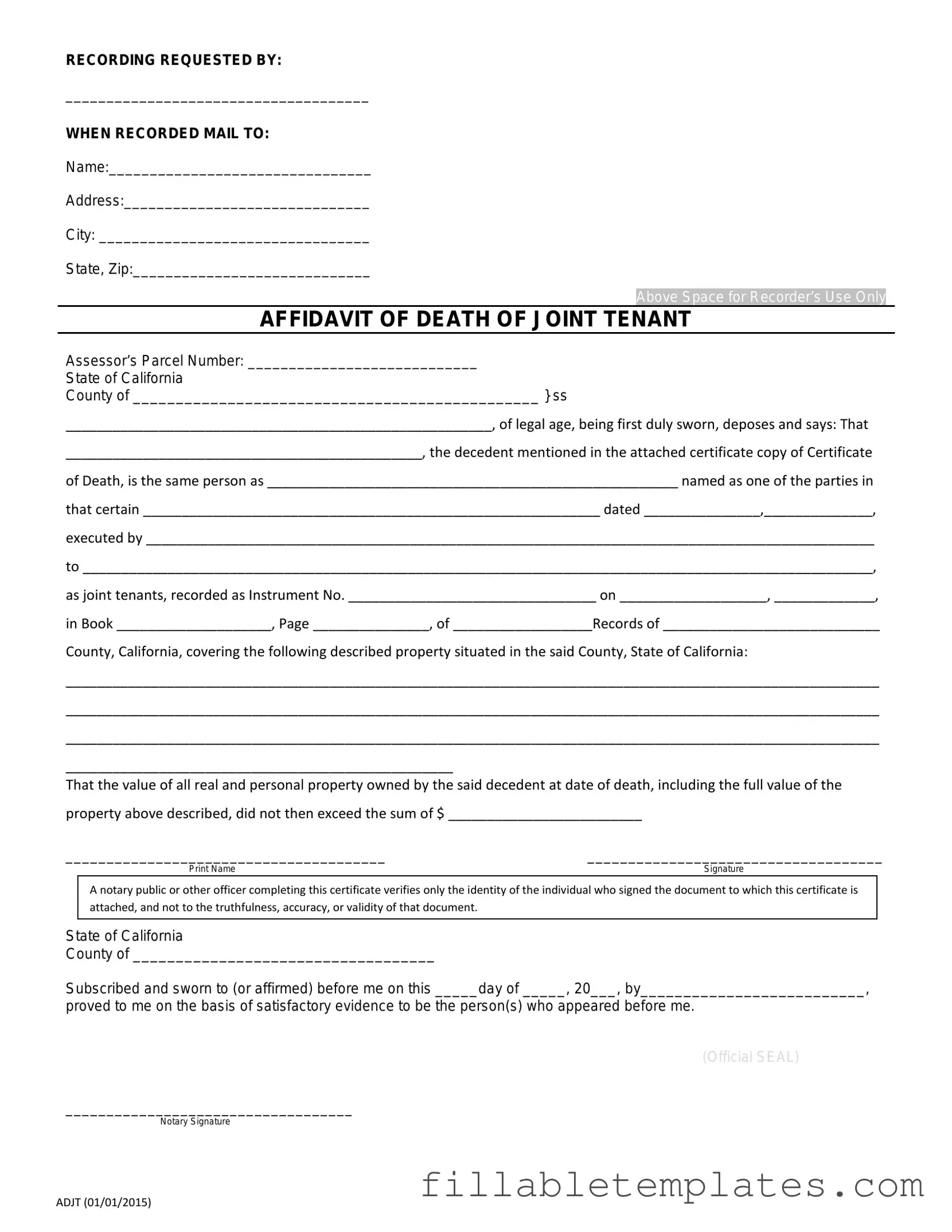 Official California Death of a Joint Tenant Affidavit Template in PDF