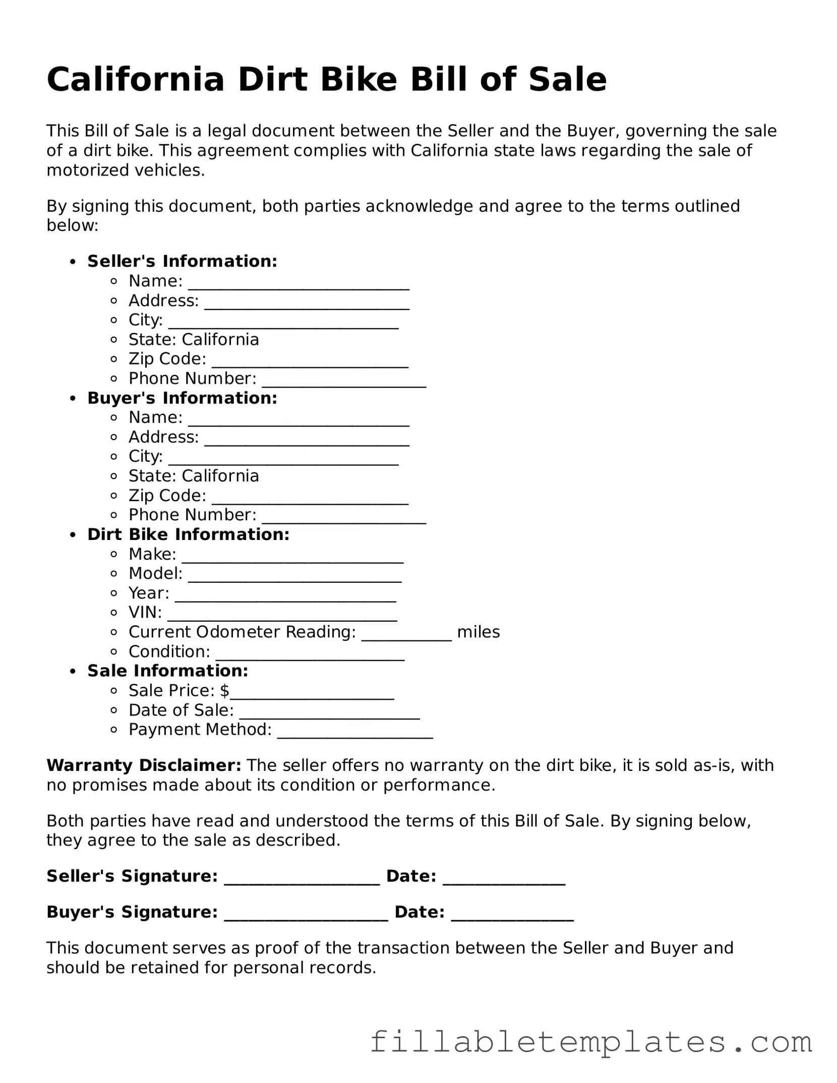 Printable Dirt Bike Bill of Sale Form for the State of California