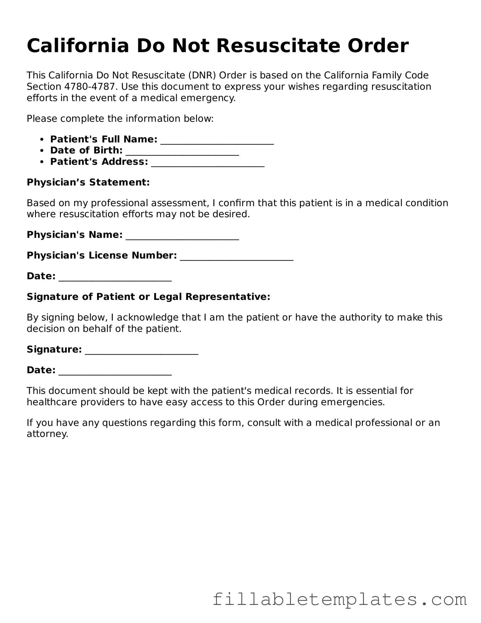 Printable Do Not Resuscitate Order Form for the State of California