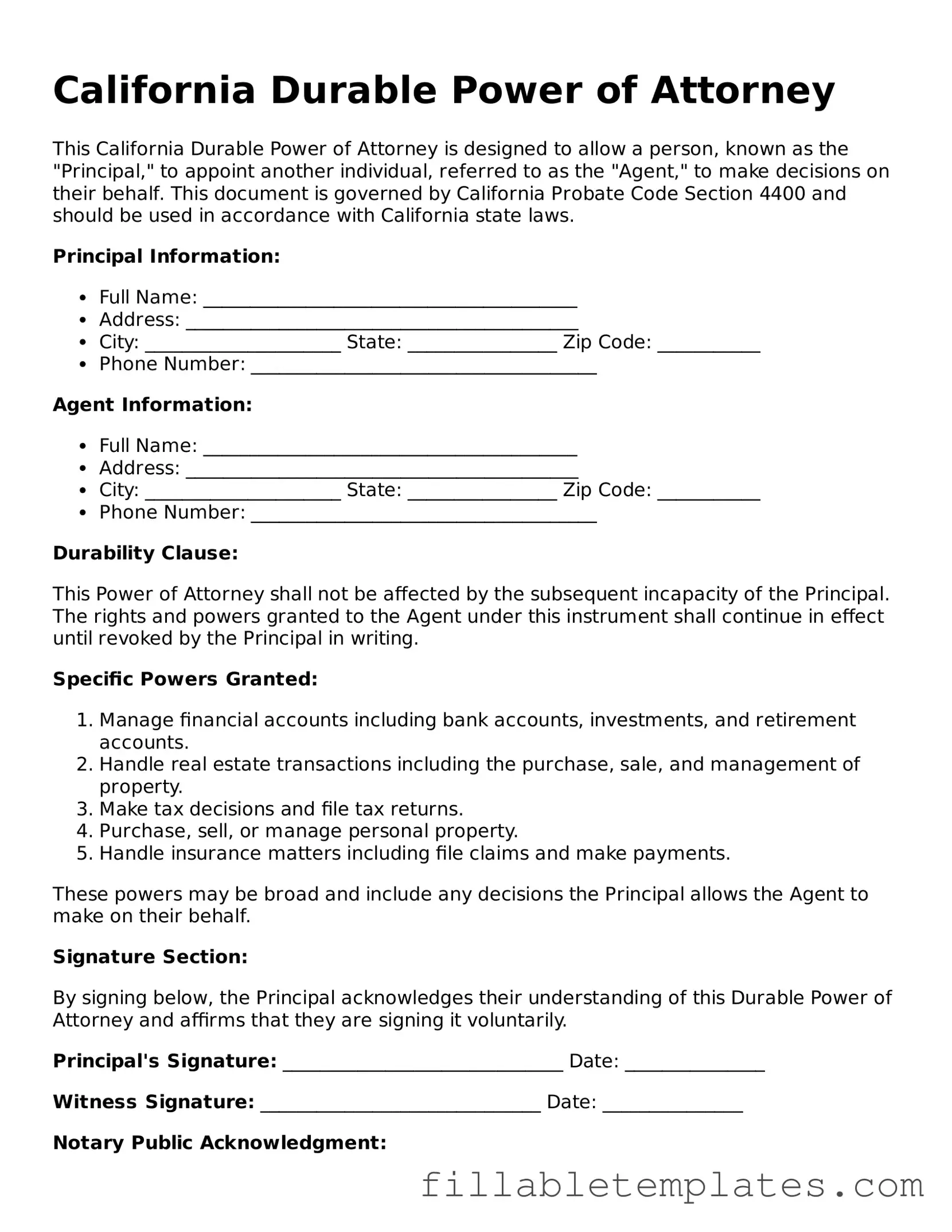 Printable Durable Power of Attorney Form for the State of California