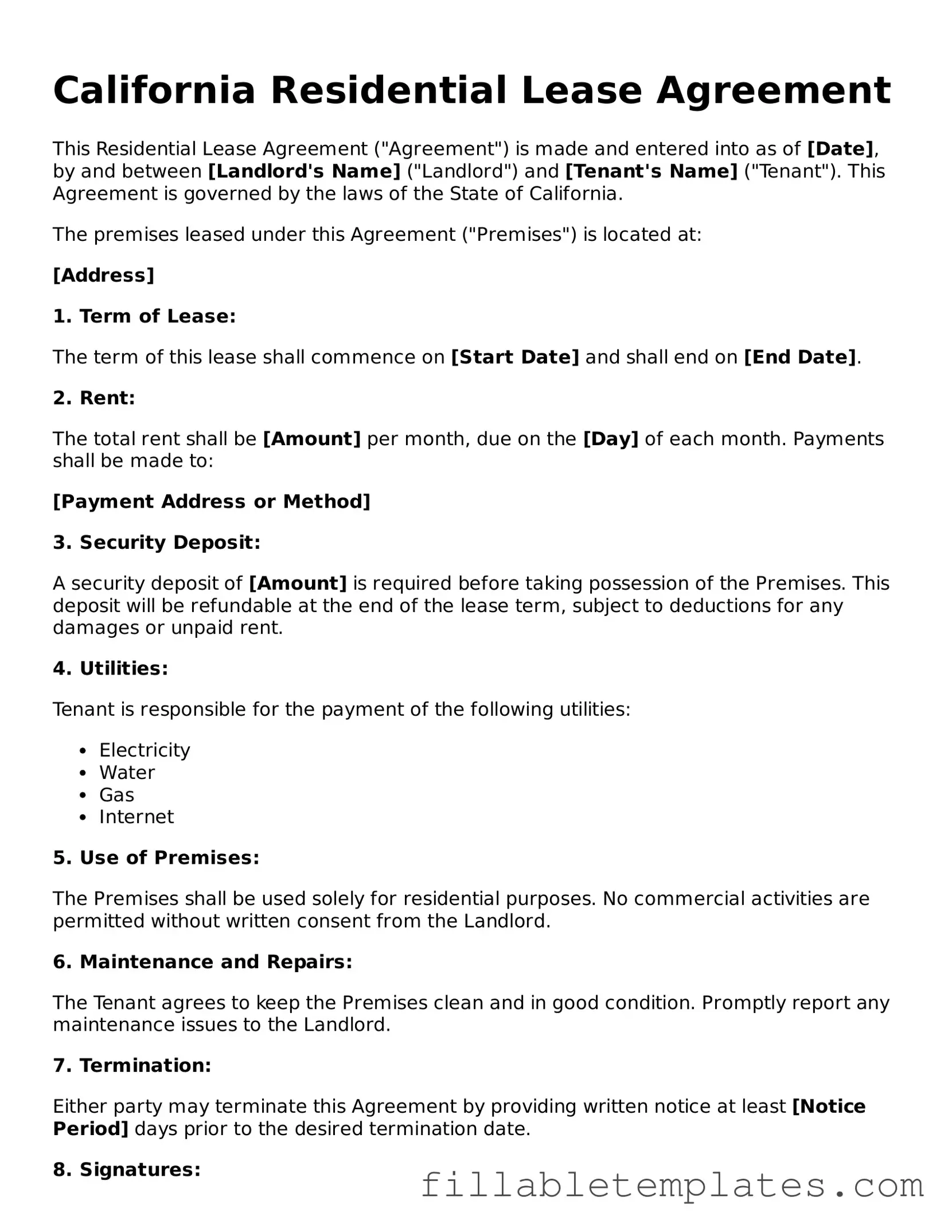 Printable Residential Lease Agreement Form for the State of California