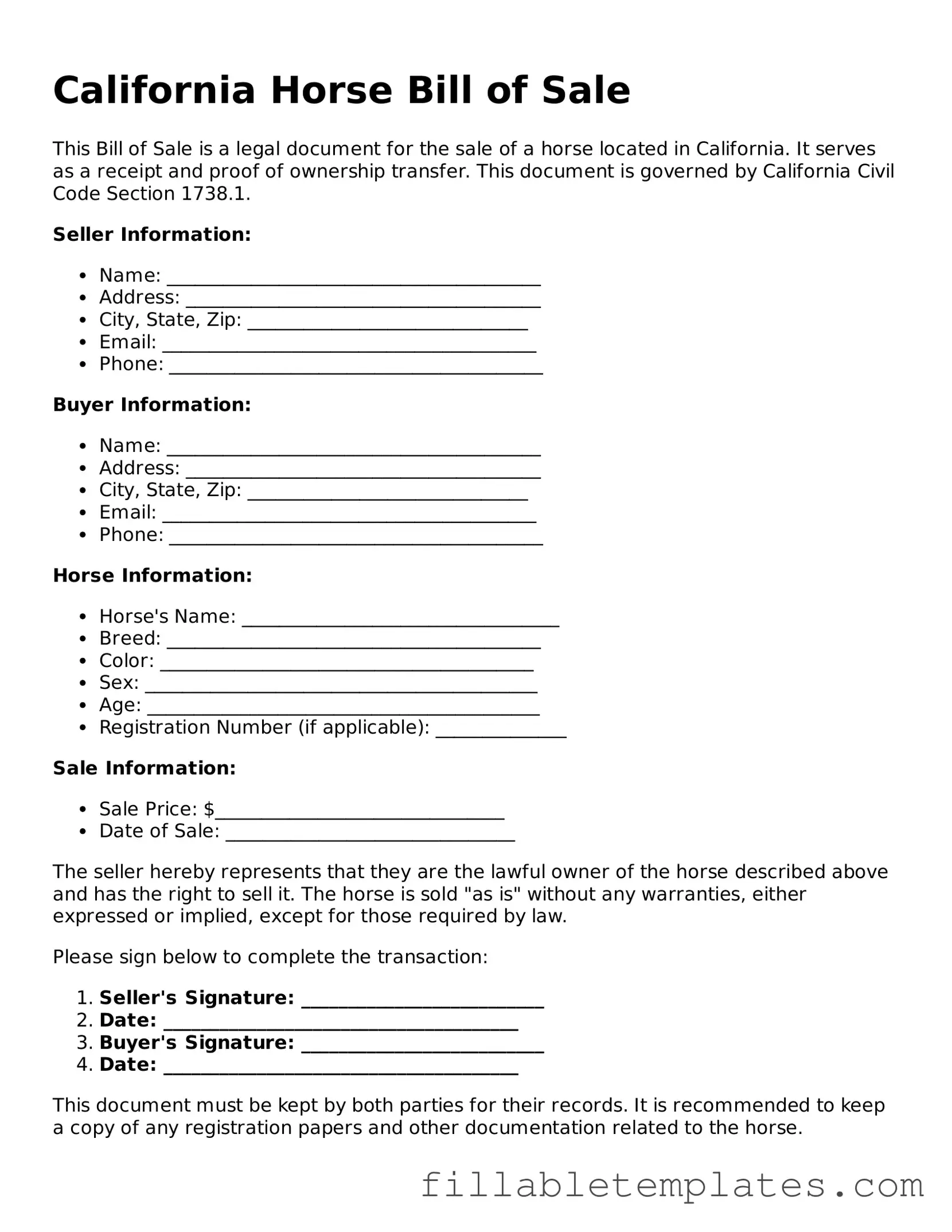 Printable Horse Bill of Sale Form for the State of California