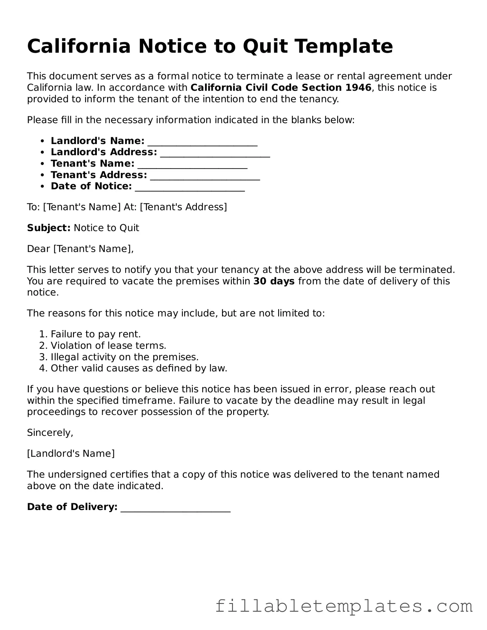 Printable Notice to Quit Form for the State of California