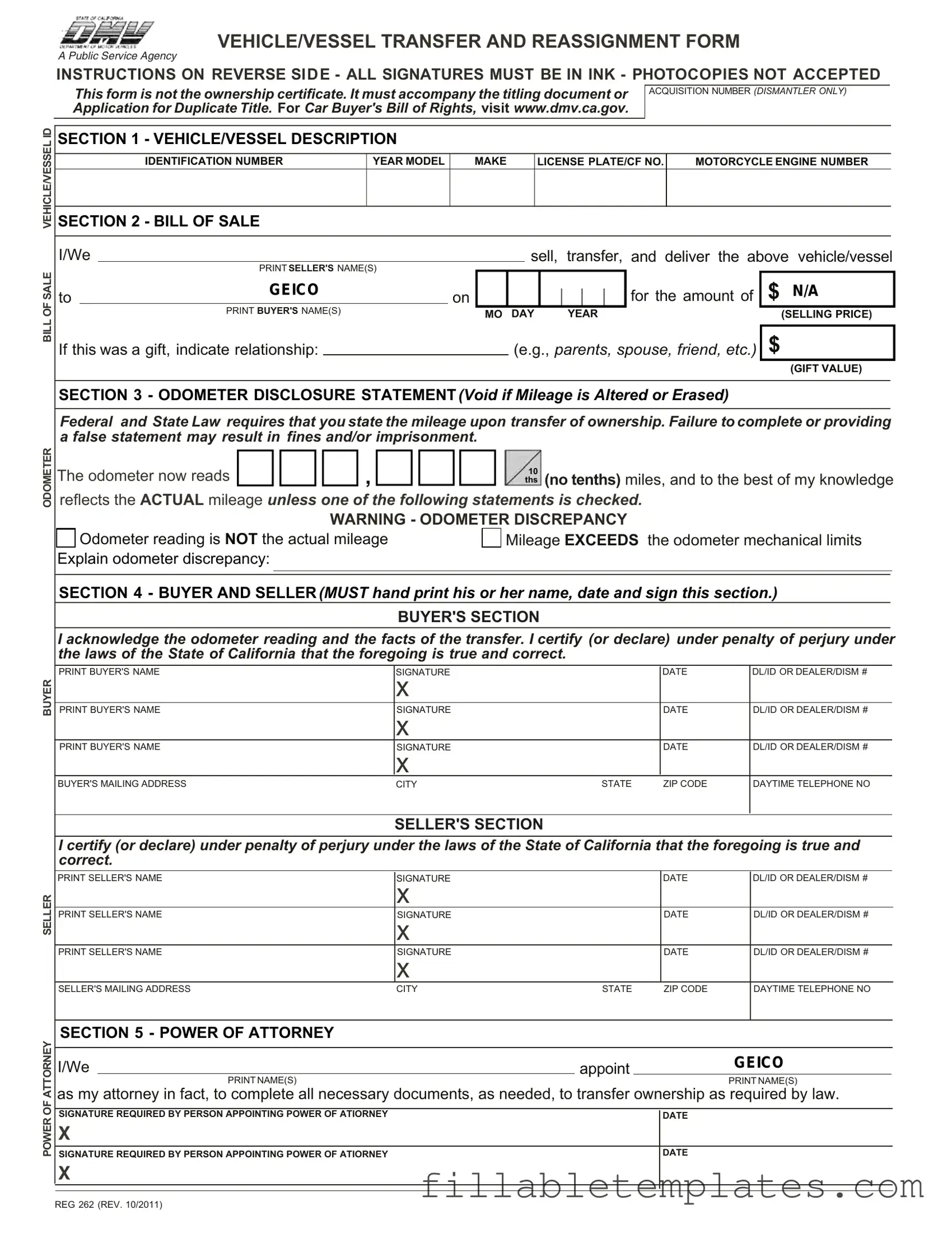 Official California Fotm Reg 262 Template in PDF
