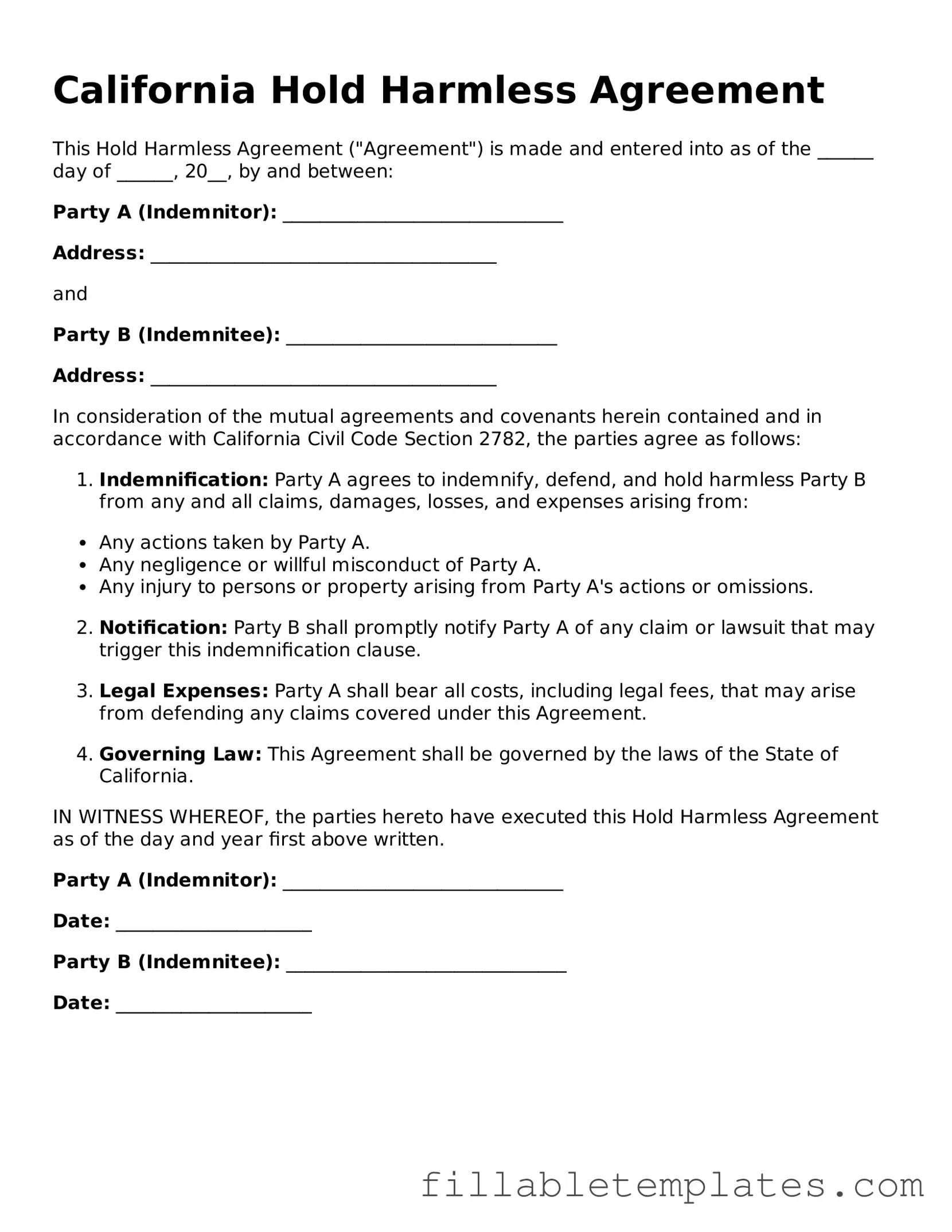Printable Hold Harmless Agreement Form for the State of California