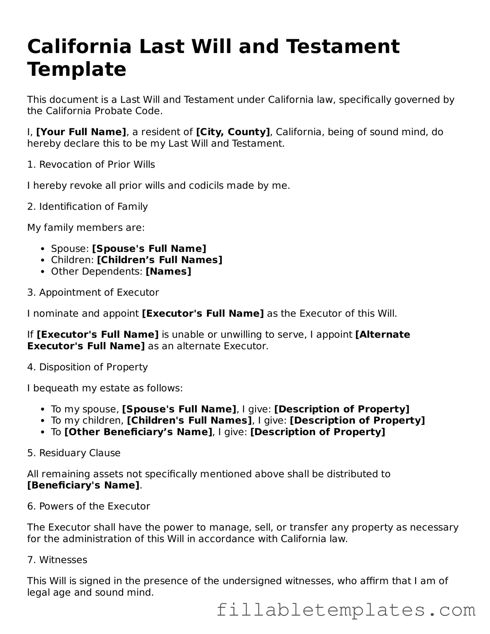 Printable Last Will and Testament Form for the State of California