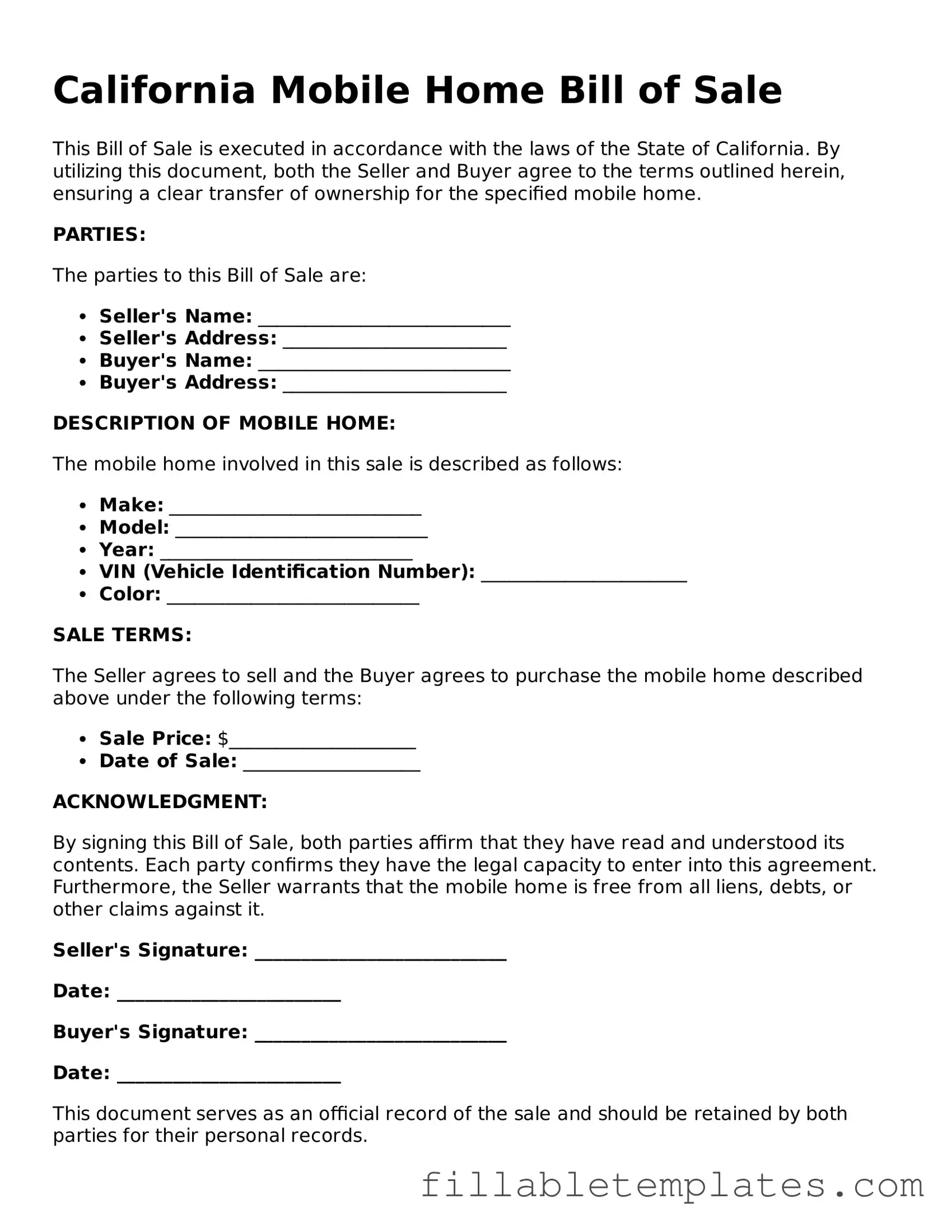 Printable Mobile Home Bill of Sale Form for the State of California