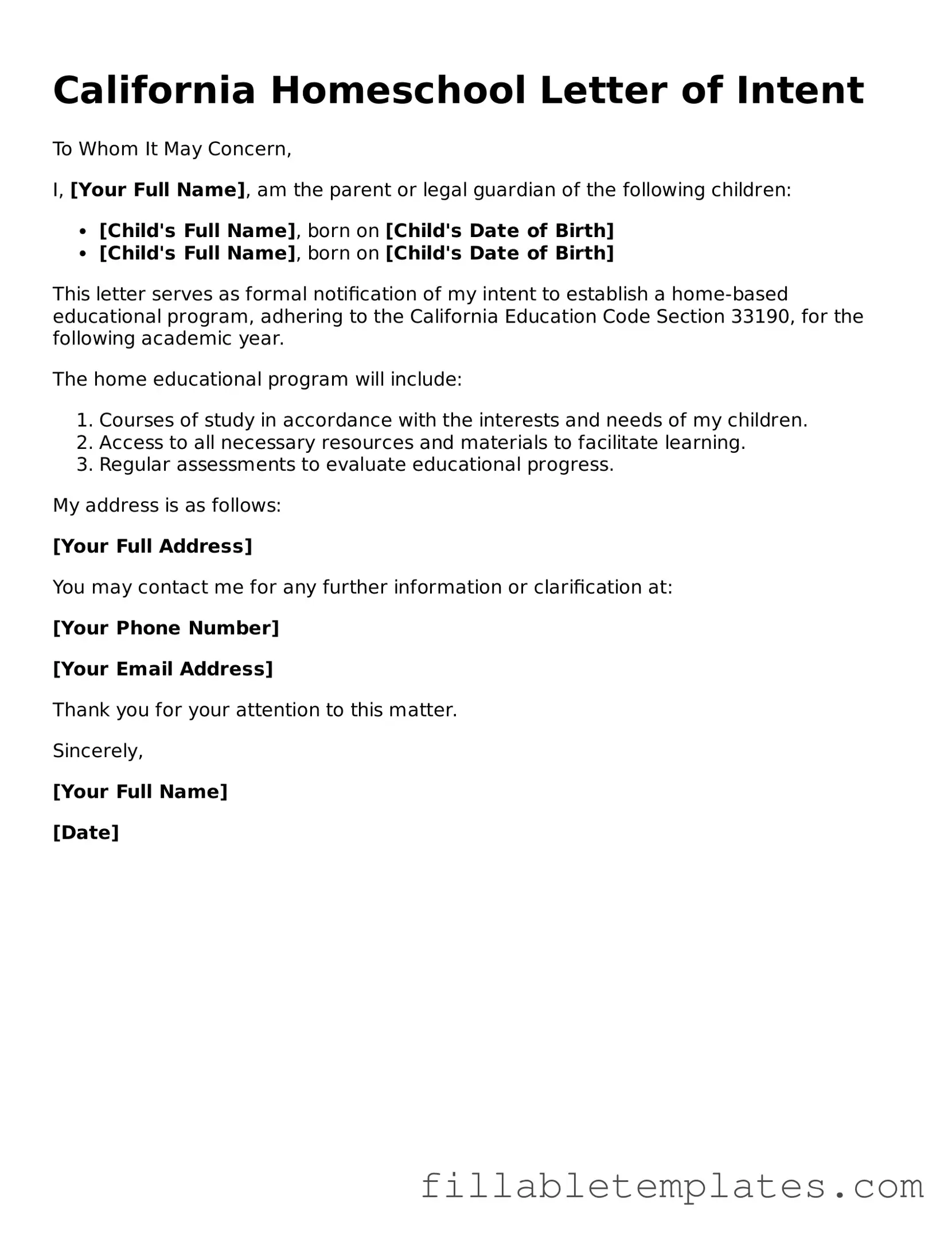 Printable Homeschool Letter of Intent Form for the State of California
