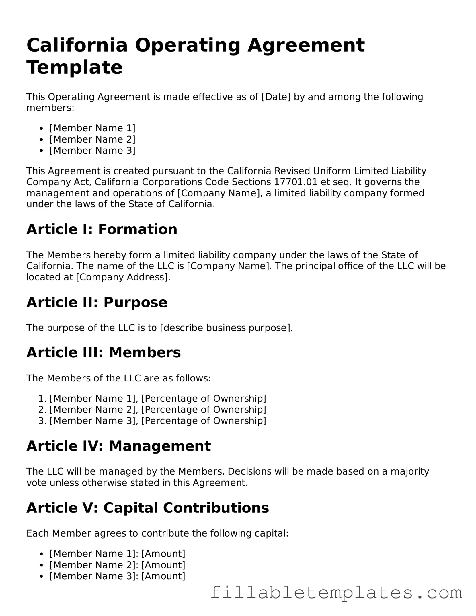 Printable Operating Agreement Form for the State of California