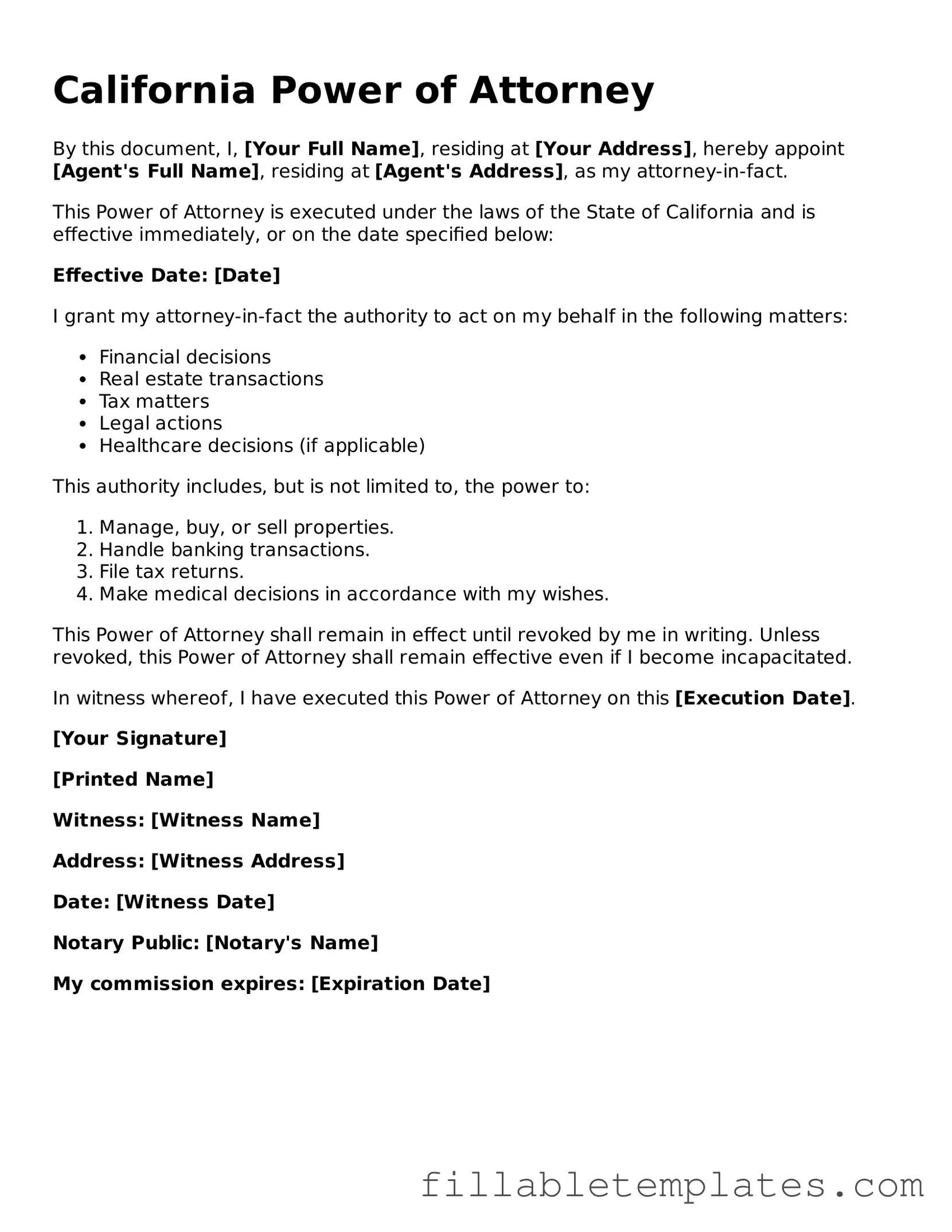 Printable Power of Attorney Form for the State of California