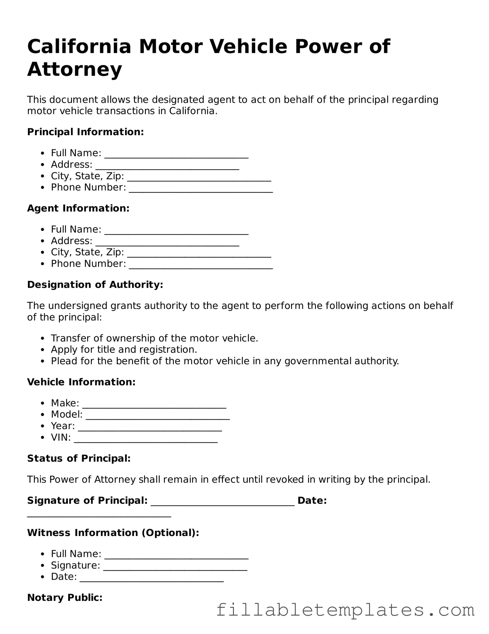 Printable Motor Vehicle Power of Attorney Form for the State of California
