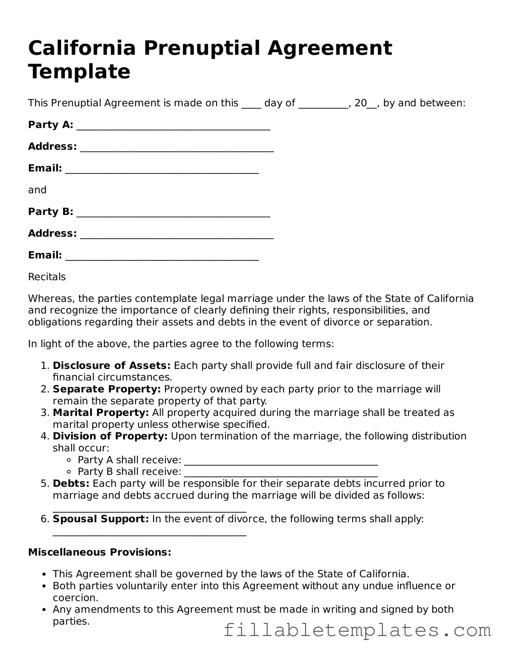 Printable Prenuptial Agreement Form for the State of California