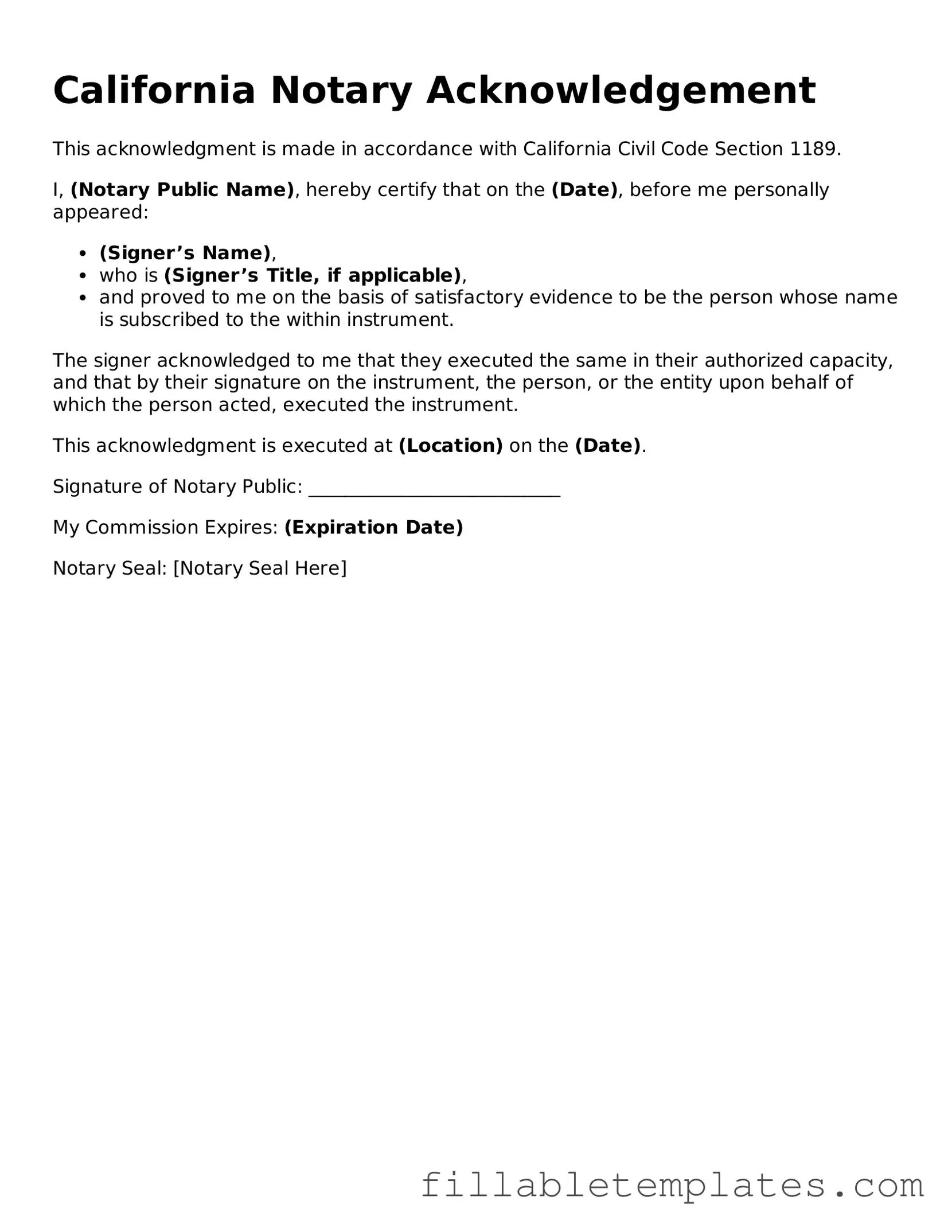 Printable Notary Acknowledgement Form for the State of California