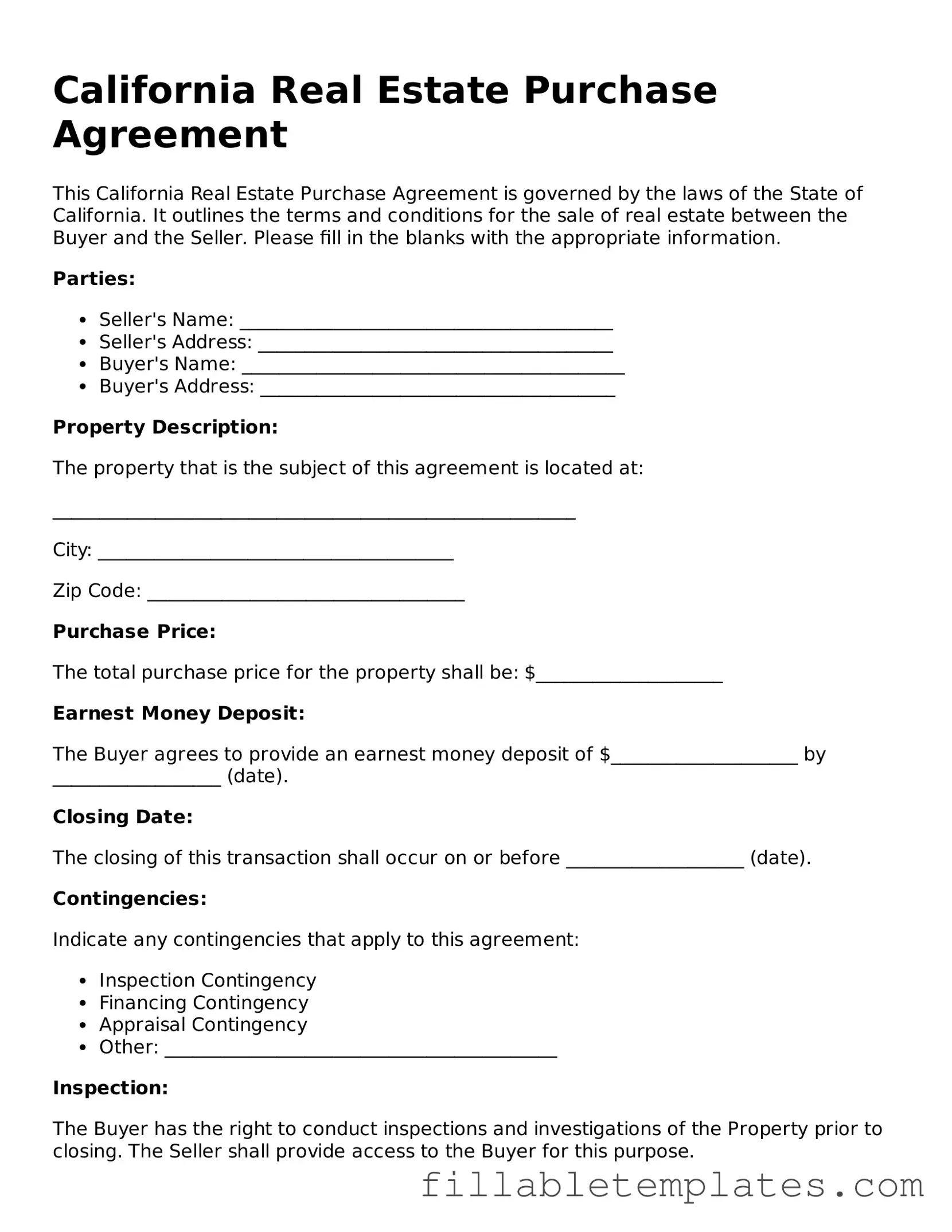 Printable Real Estate Purchase Agreement Form for the State of California