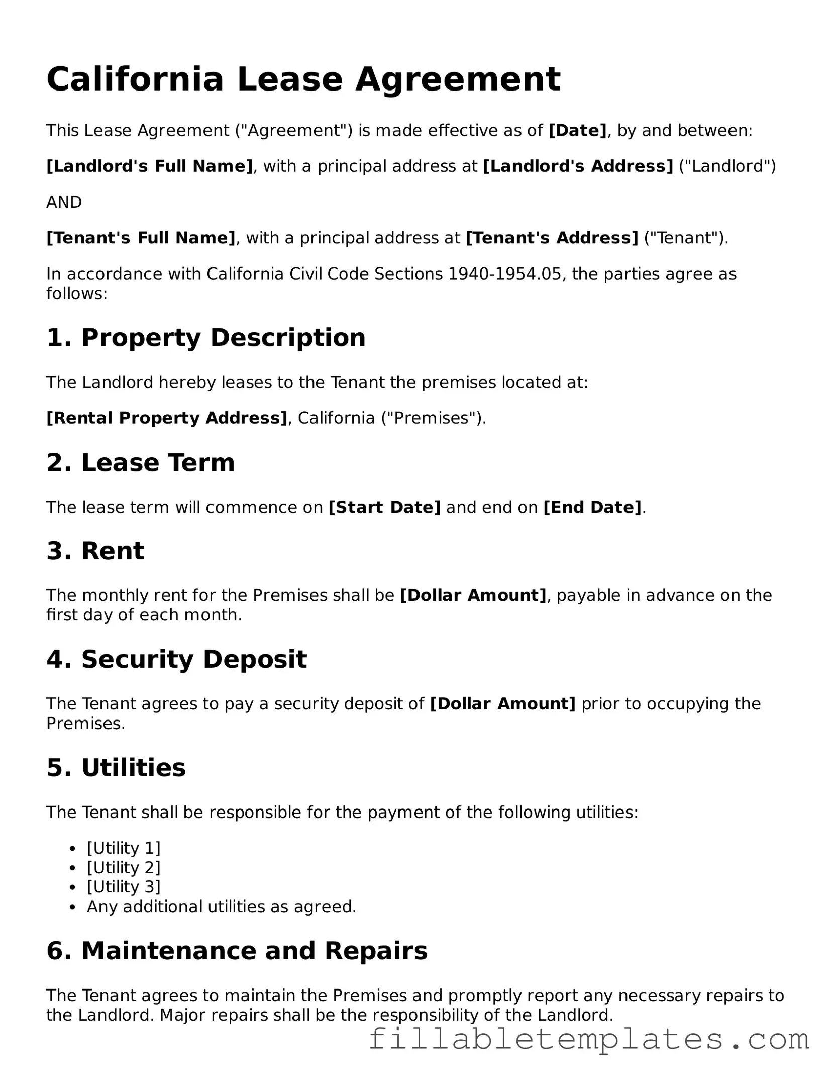 Printable Lease Agreement Form for the State of California