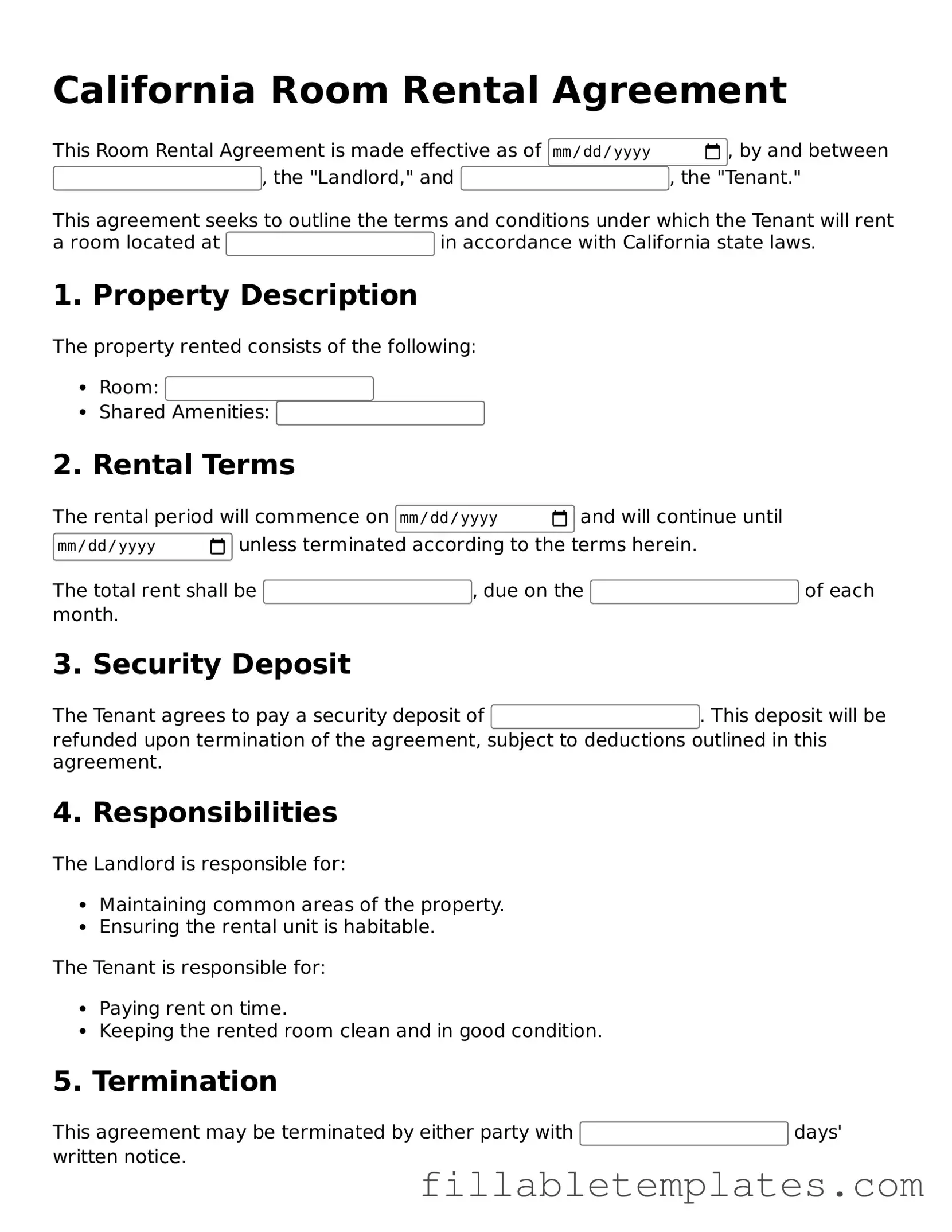 Printable Room Rental Agreement Form for the State of California
