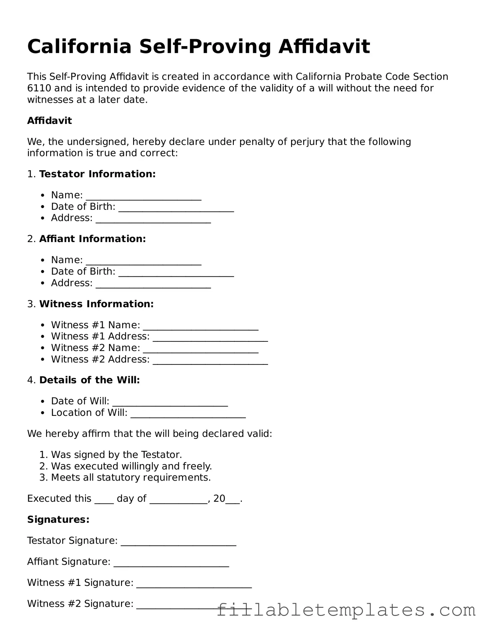 Printable Self-Proving Affidavit Form for the State of California