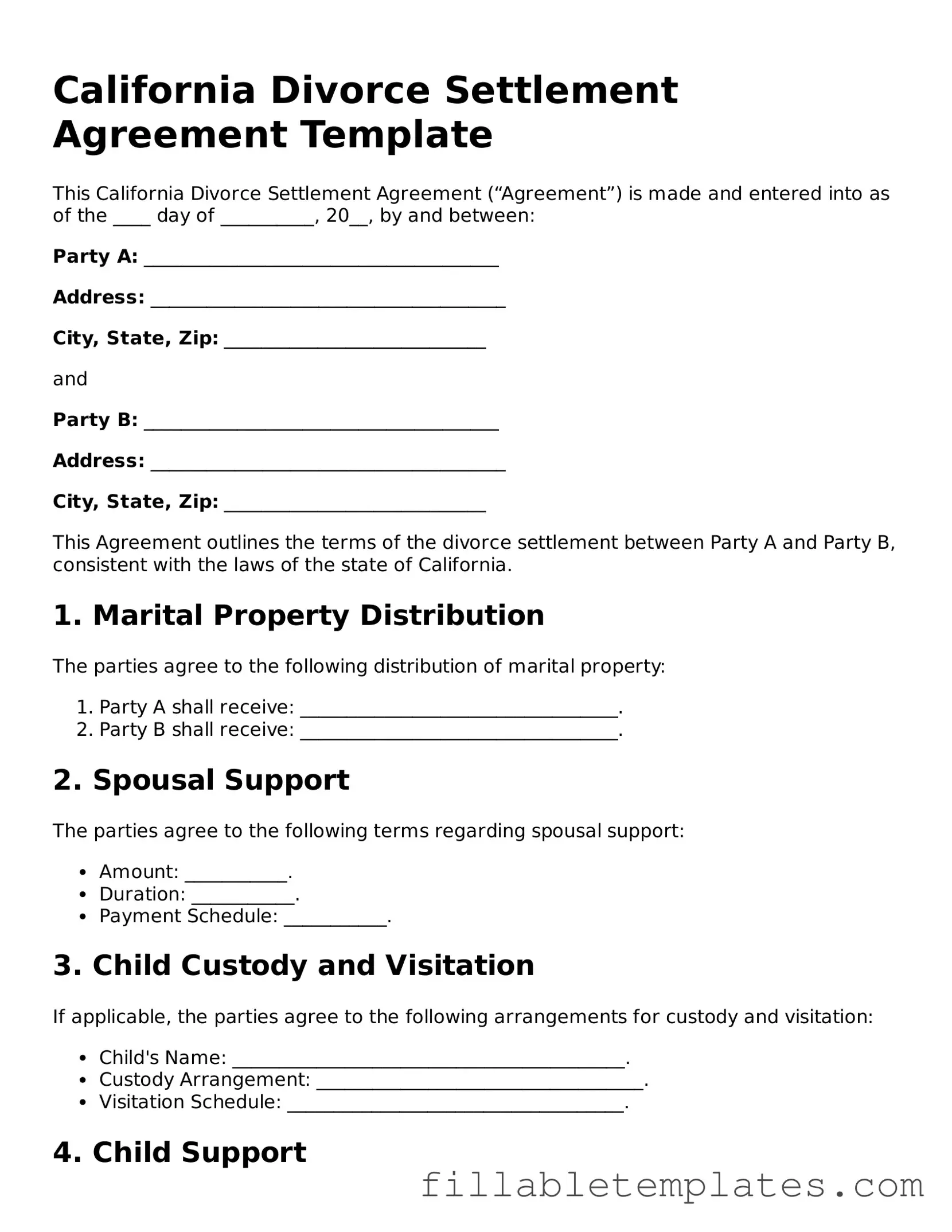 Printable Divorce Settlement Agreement Form for the State of California