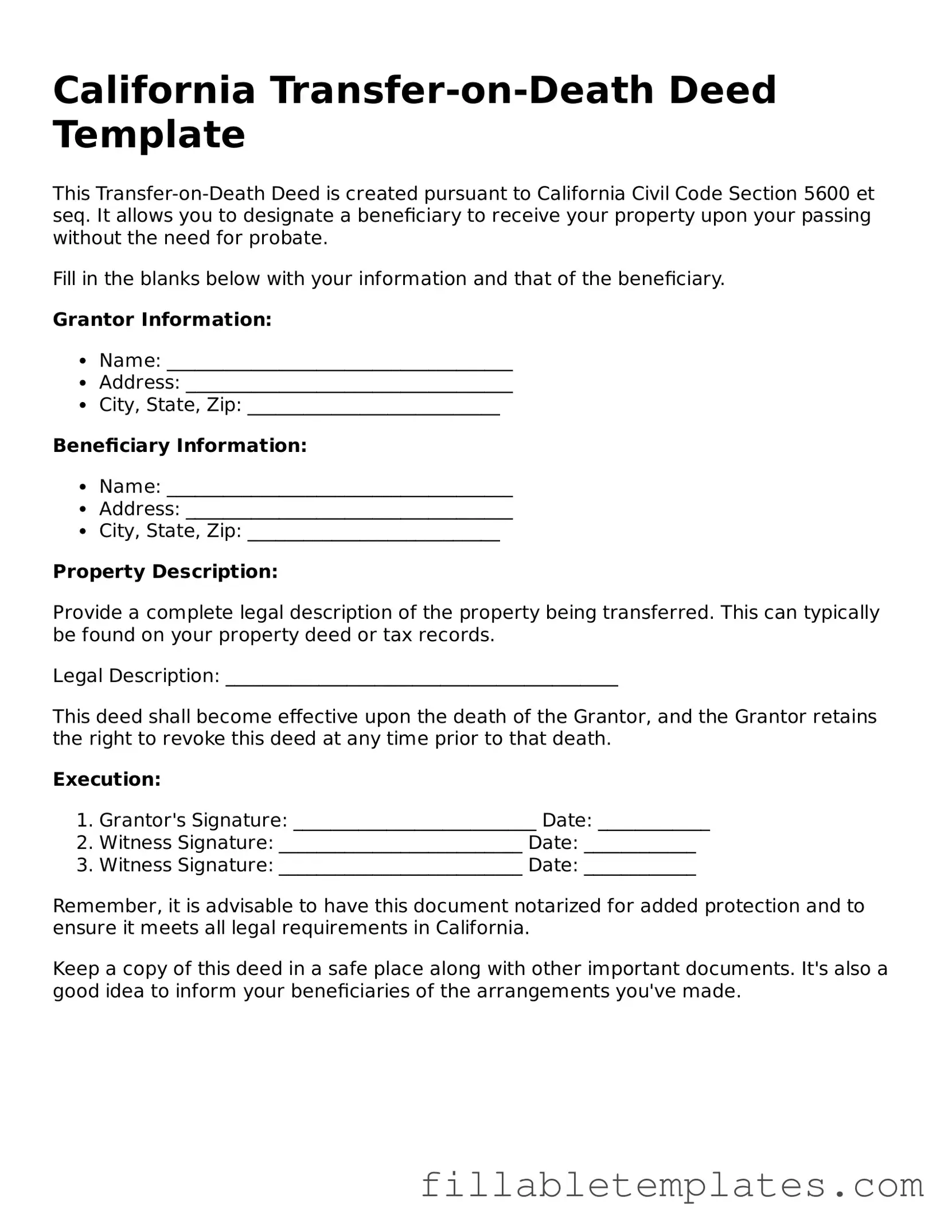 Printable Transfer-on-Death Deed Form for the State of California