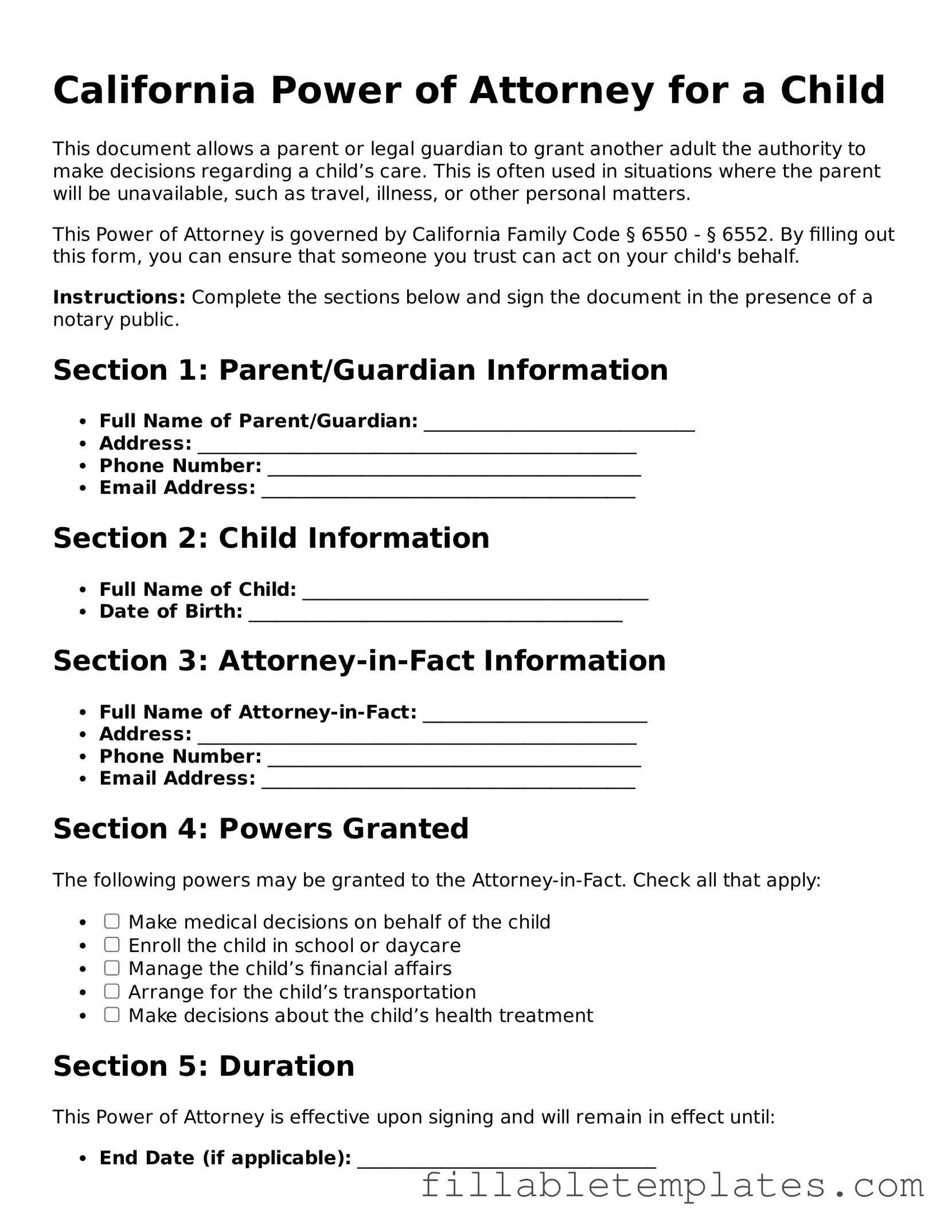 Printable Power of Attorney for a Child Form for the State of California