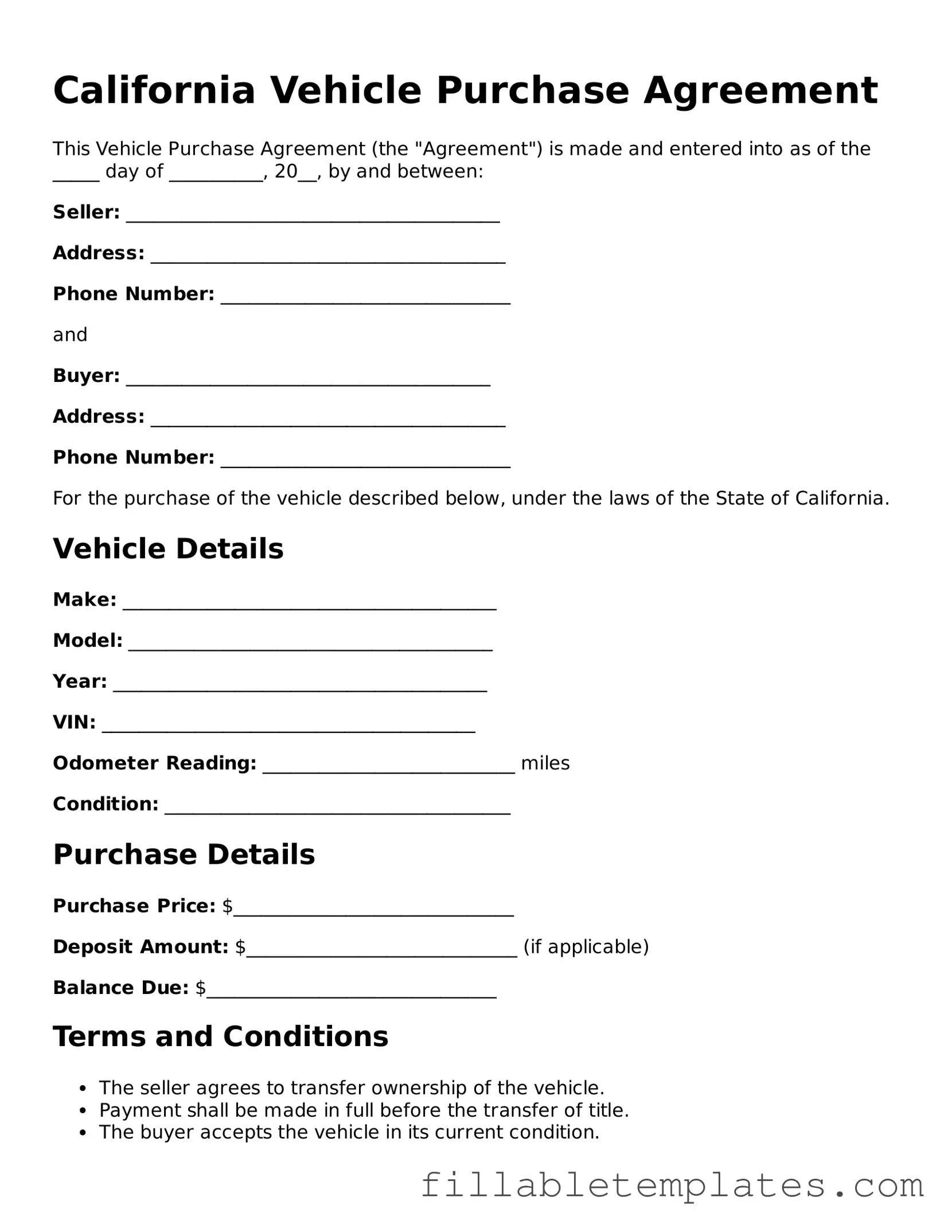 Printable Vehicle Purchase Agreement Form for the State of California