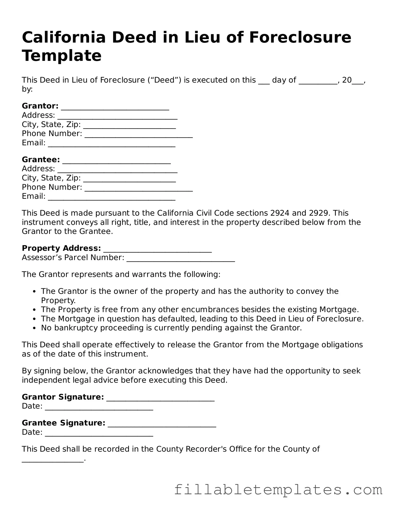 Printable Deed in Lieu of Foreclosure Form for the State of California
