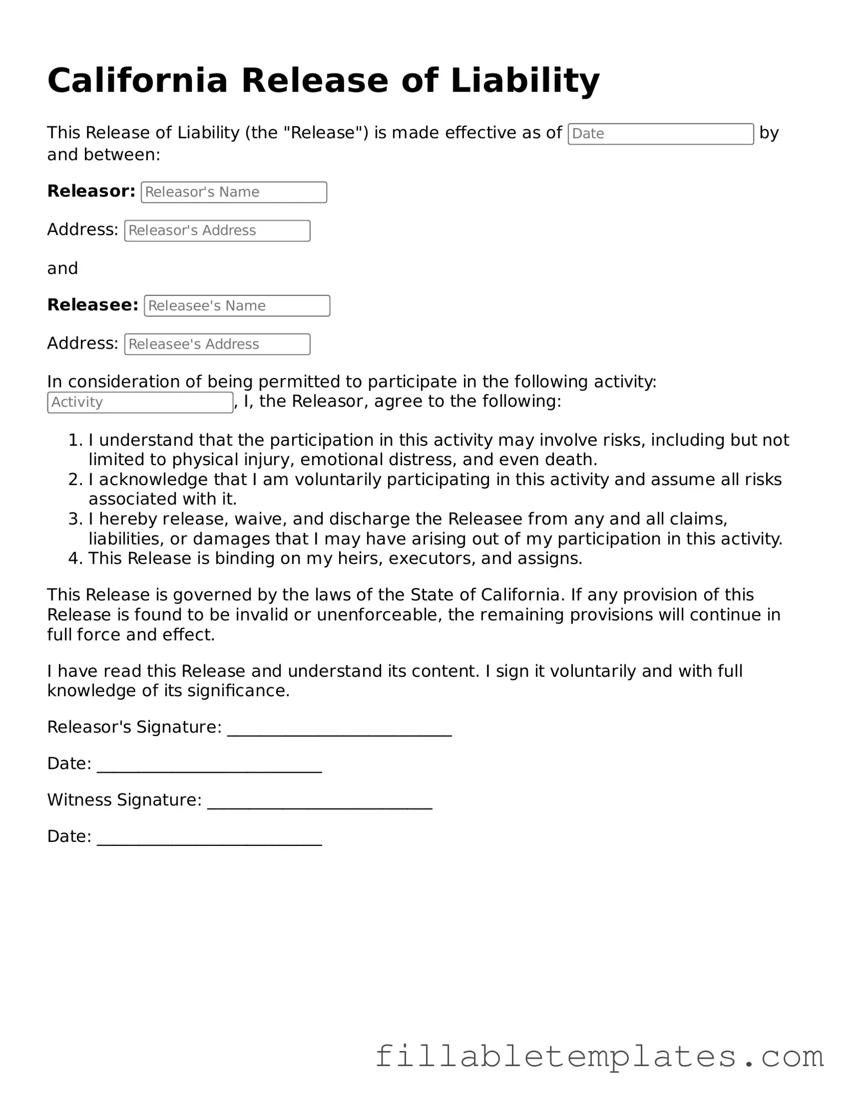 Printable Release of Liability Form for the State of California