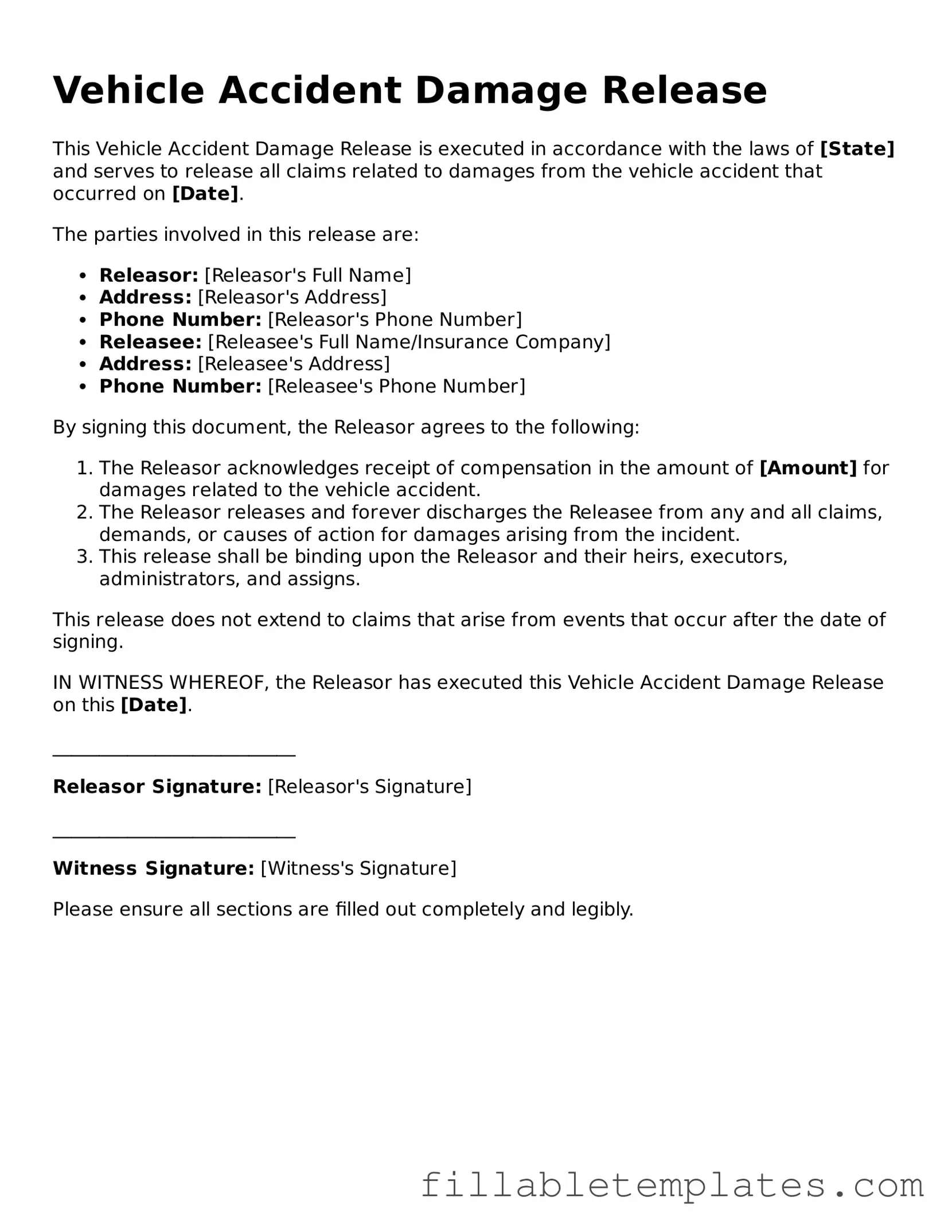 Printable Vehicle Accident Damage Release Form